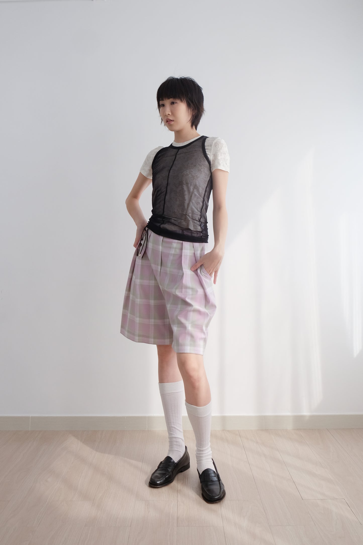 ✨推!"Evelyn" Lilac Tartan Pleated Shorts
