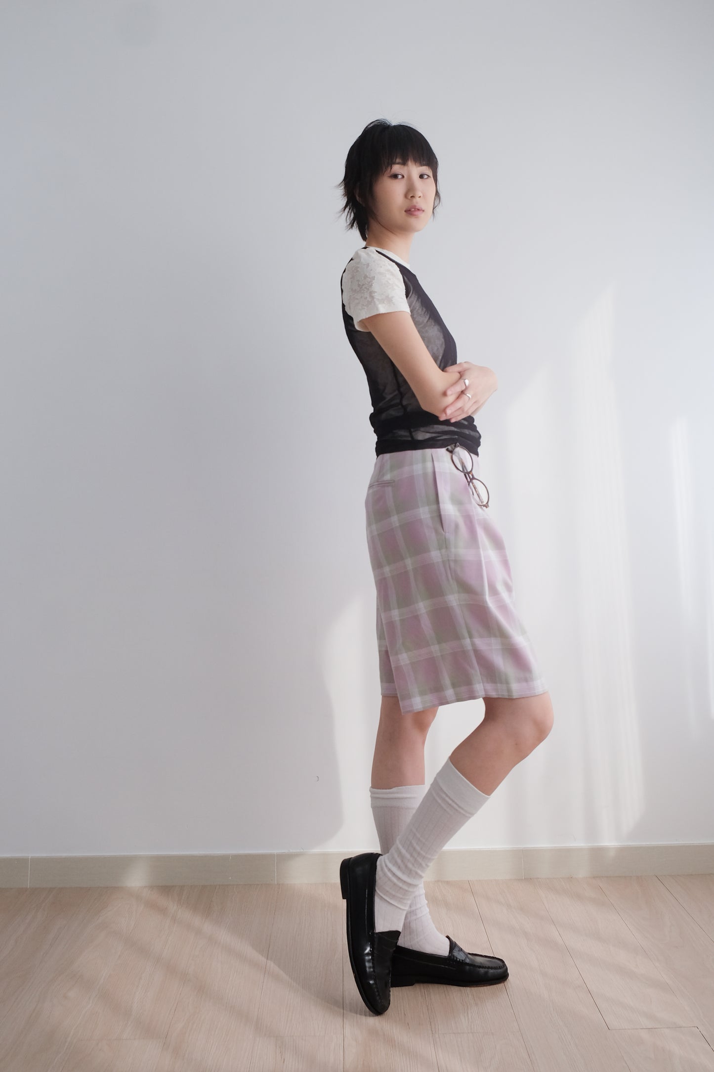✨推!"Evelyn" Lilac Tartan Pleated Shorts