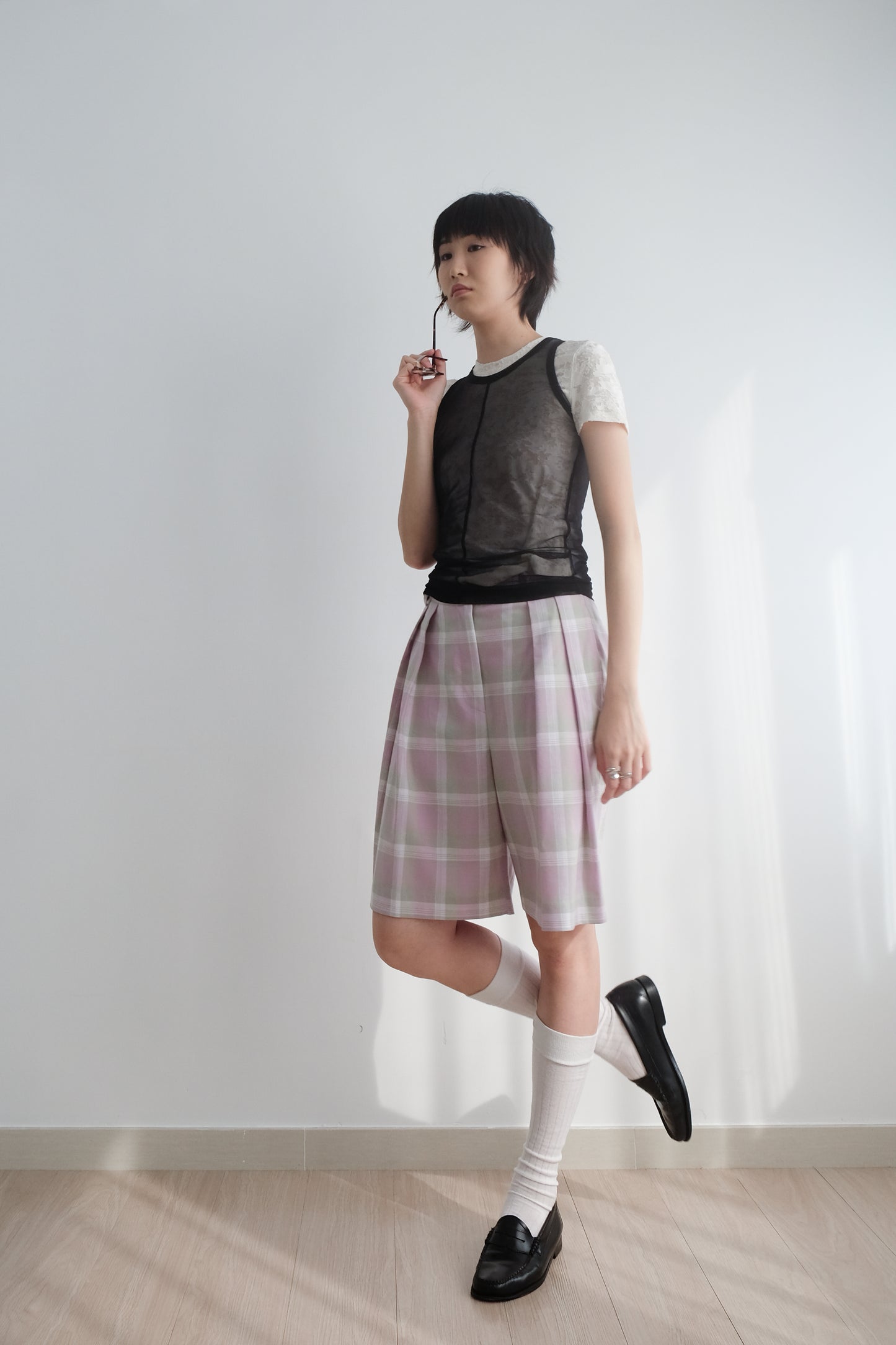 ✨推!"Evelyn" Lilac Tartan Pleated Shorts