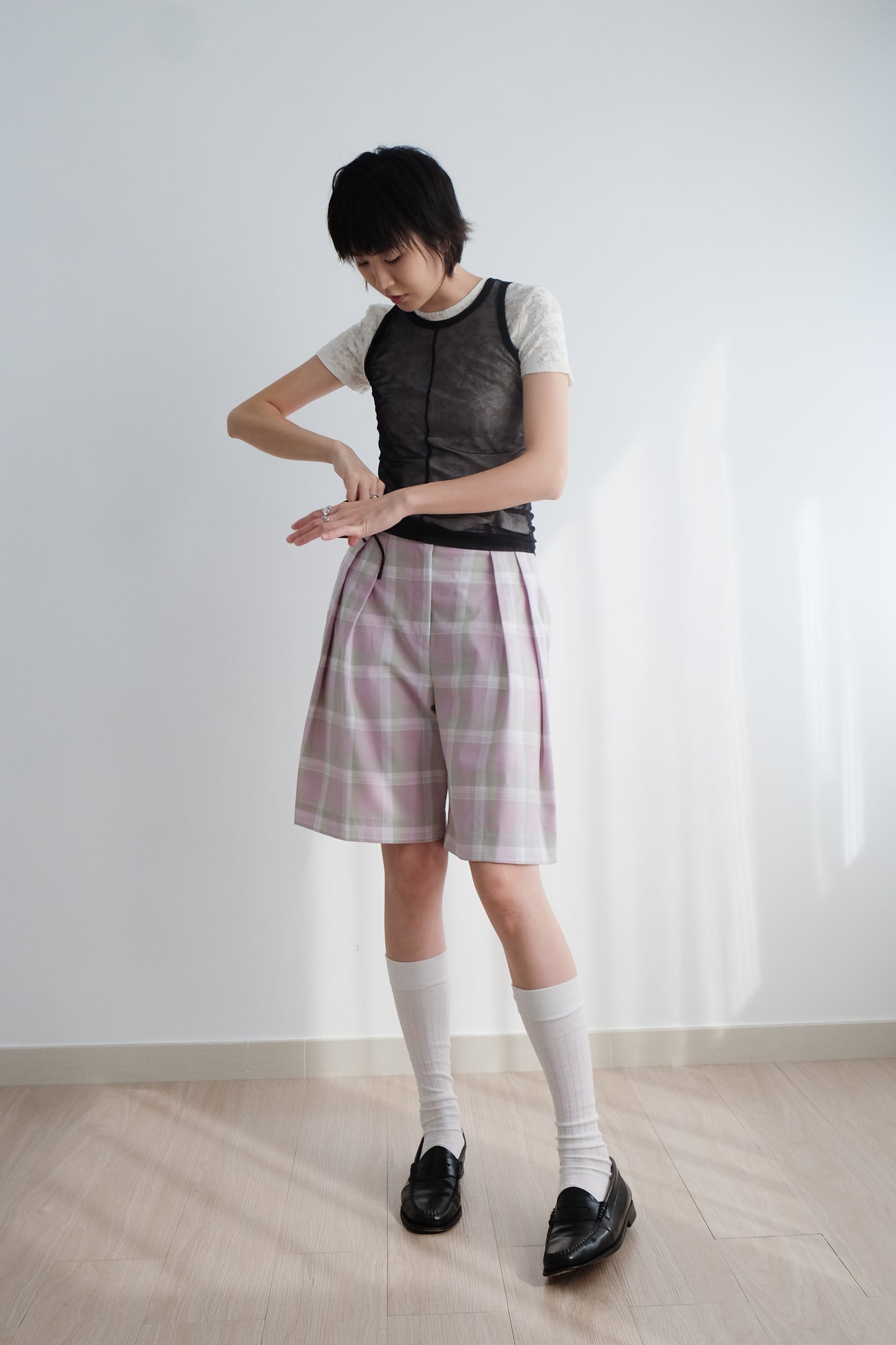 ✨推!"Evelyn" Lilac Tartan Pleated Shorts