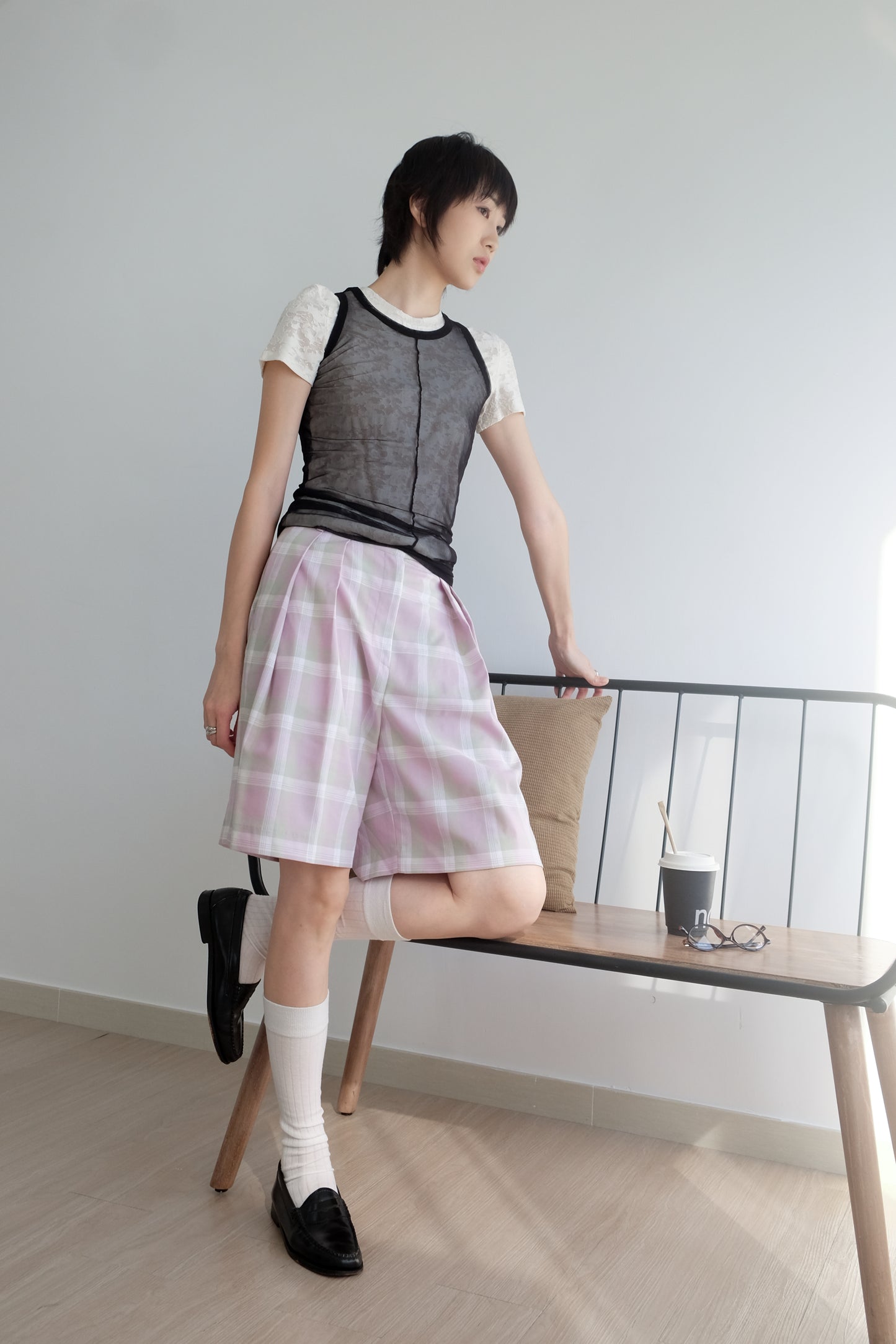 ✨推!"Evelyn" Lilac Tartan Pleated Shorts