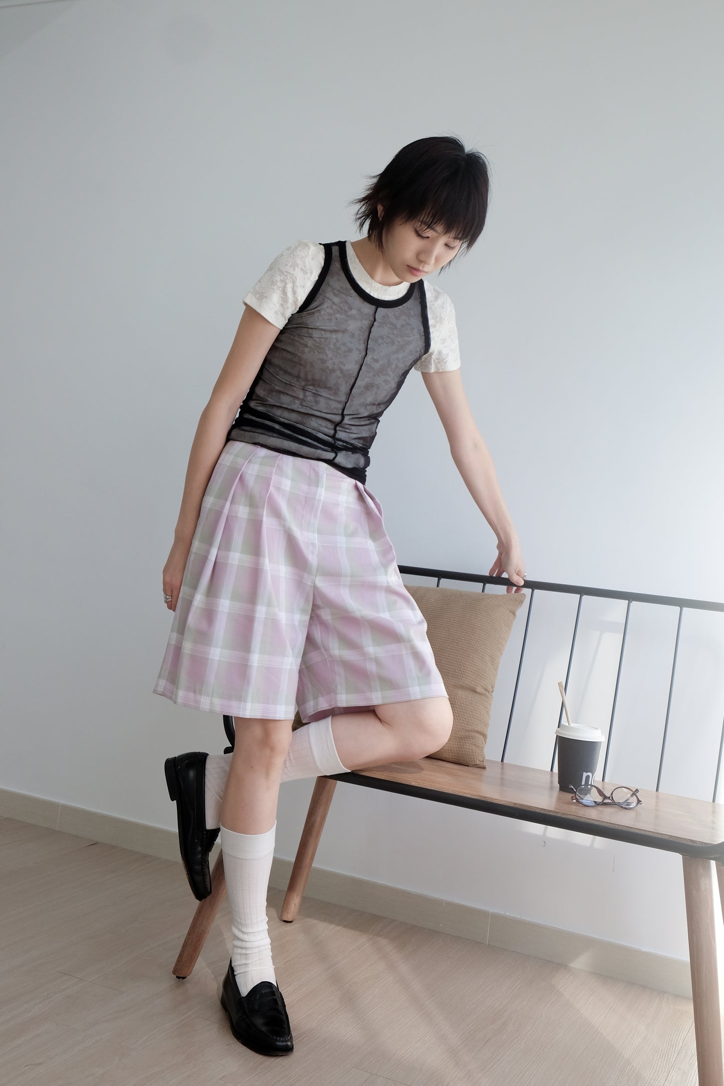 ✨推!"Evelyn" Lilac Tartan Pleated Shorts