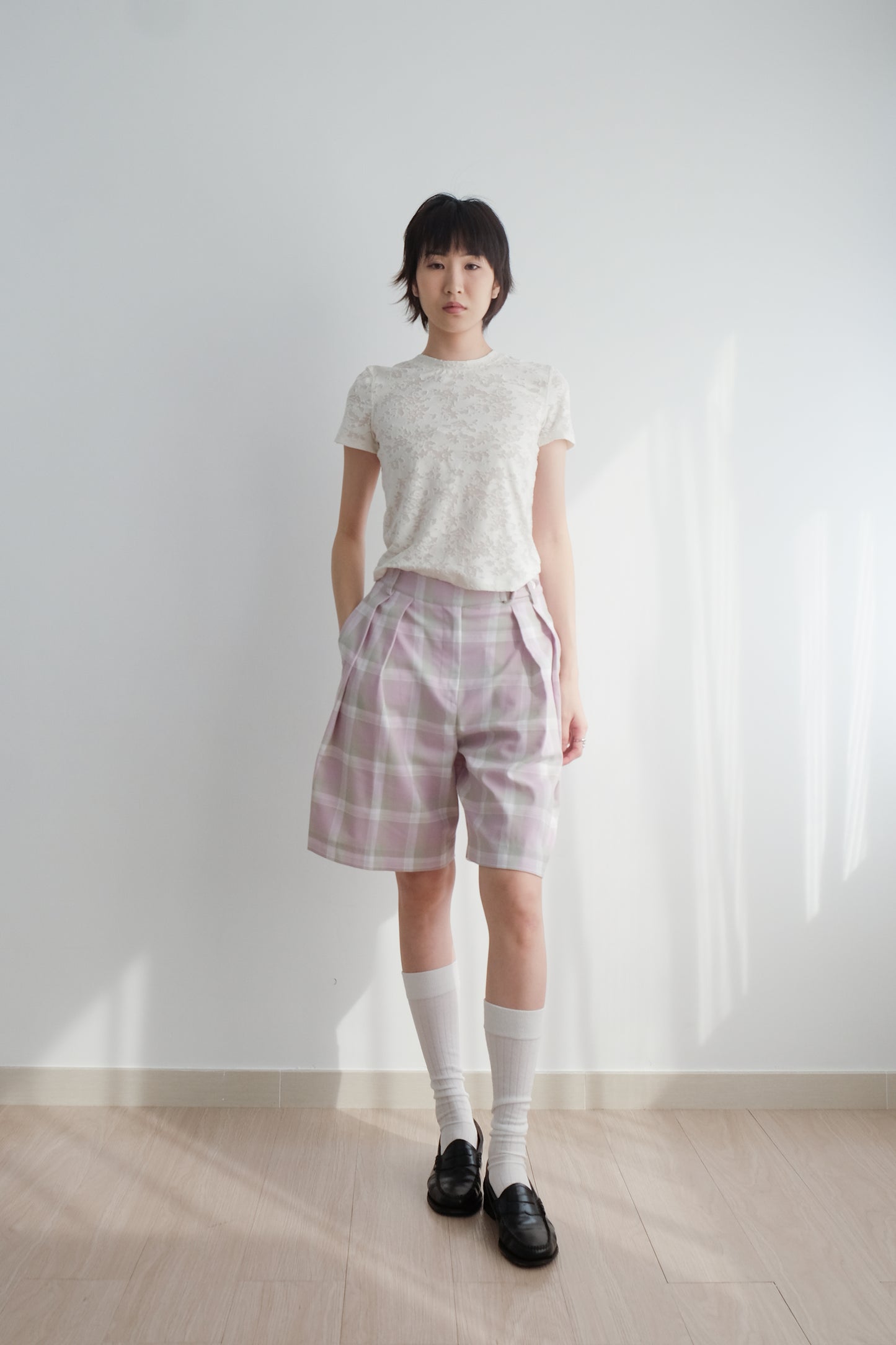 ✨推!"Evelyn" Lilac Tartan Pleated Shorts