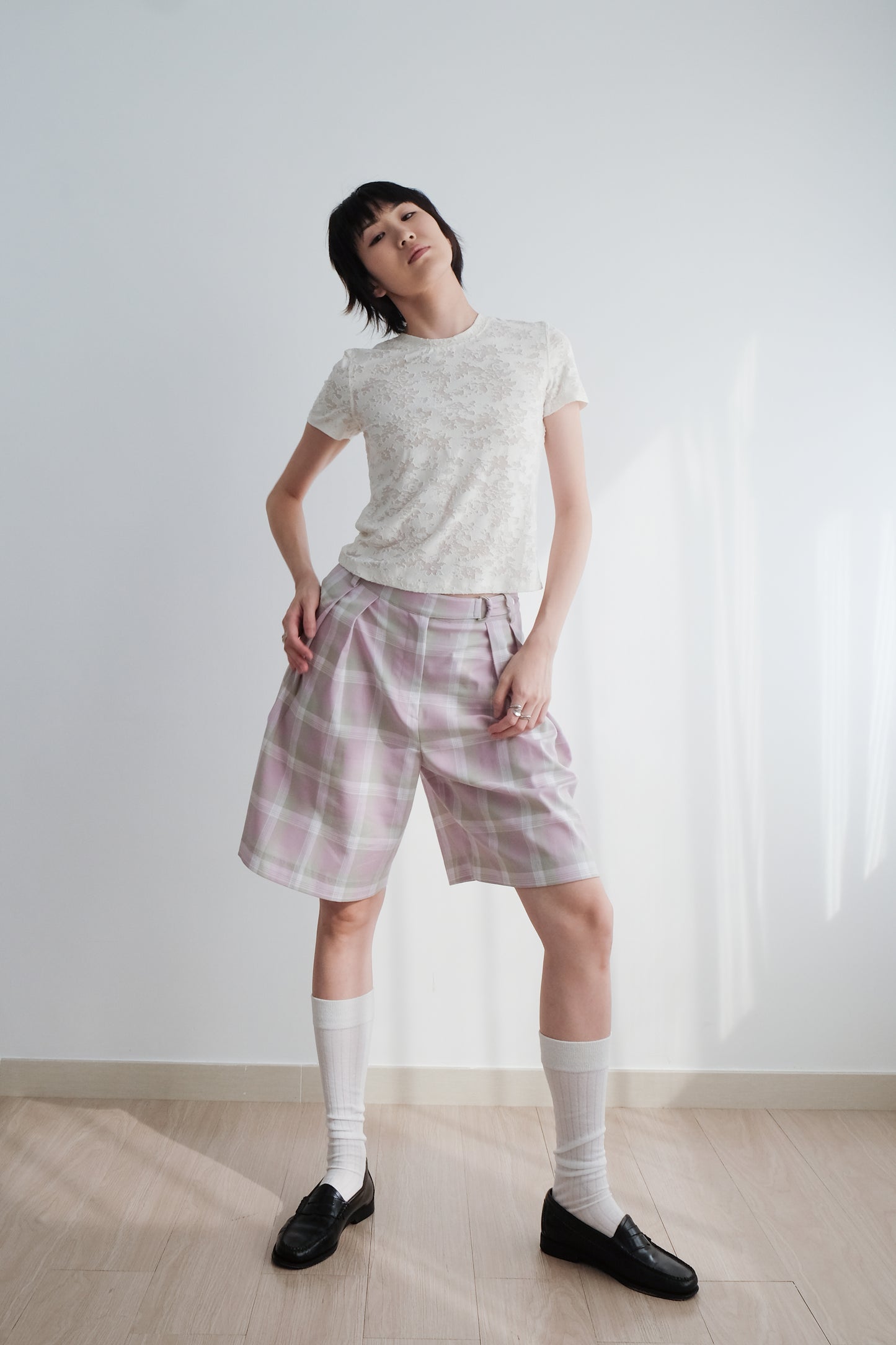 ✨推!"Evelyn" Lilac Tartan Pleated Shorts