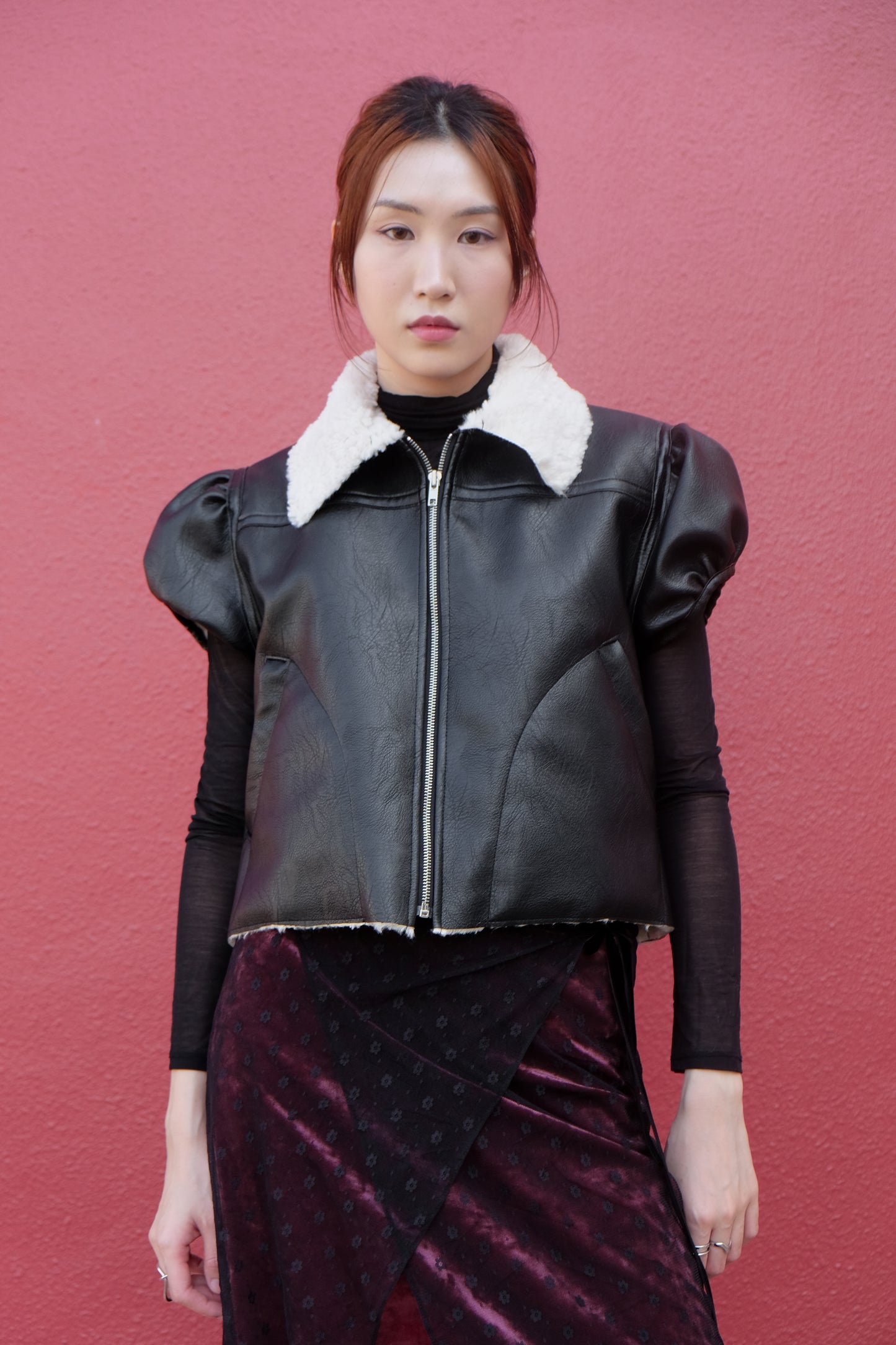 ✨推!"Lana" Puff Sleeve Faux Leather Jacket (Black)