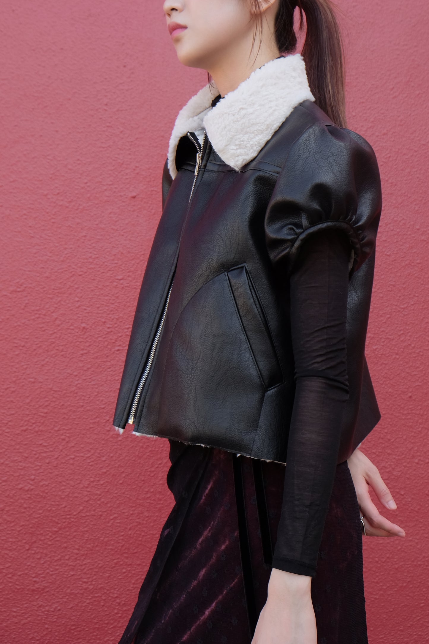 ✨推!"Lana" Puff Sleeve Faux Leather Jacket (Black)