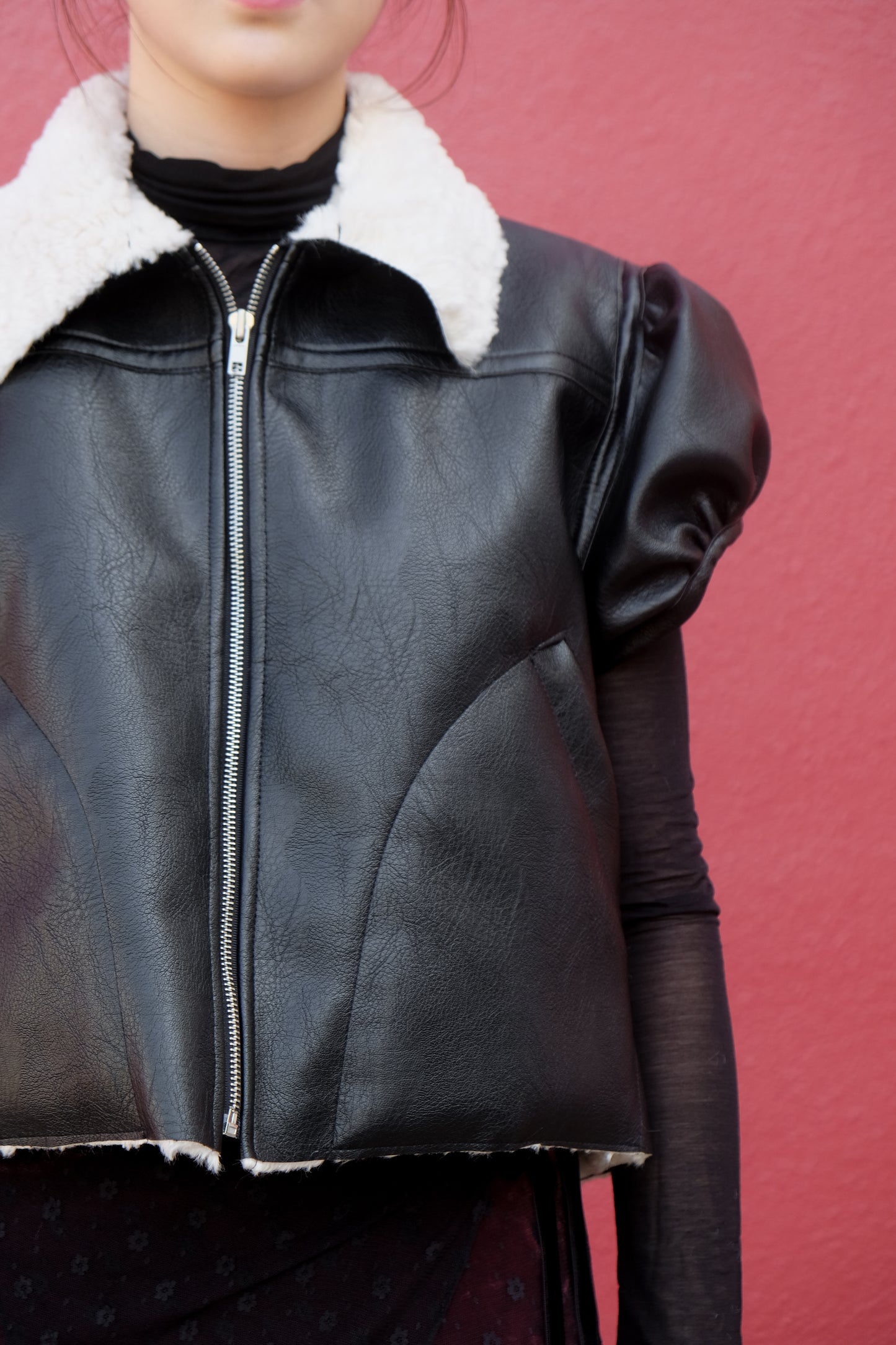 ✨推!"Lana" Puff Sleeve Faux Leather Jacket (Black)