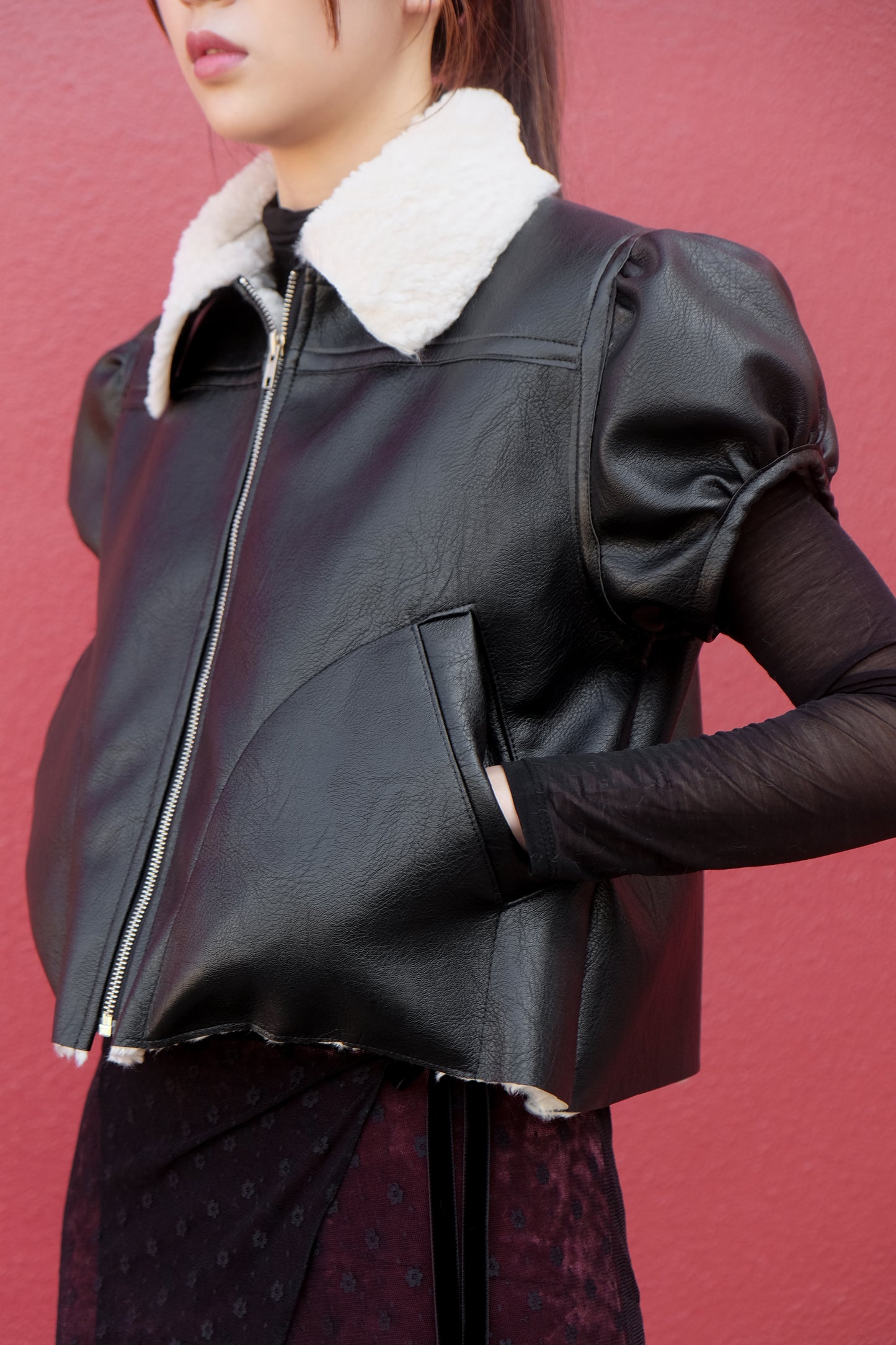 ✨推!"Lana" Puff Sleeve Faux Leather Jacket (Black)