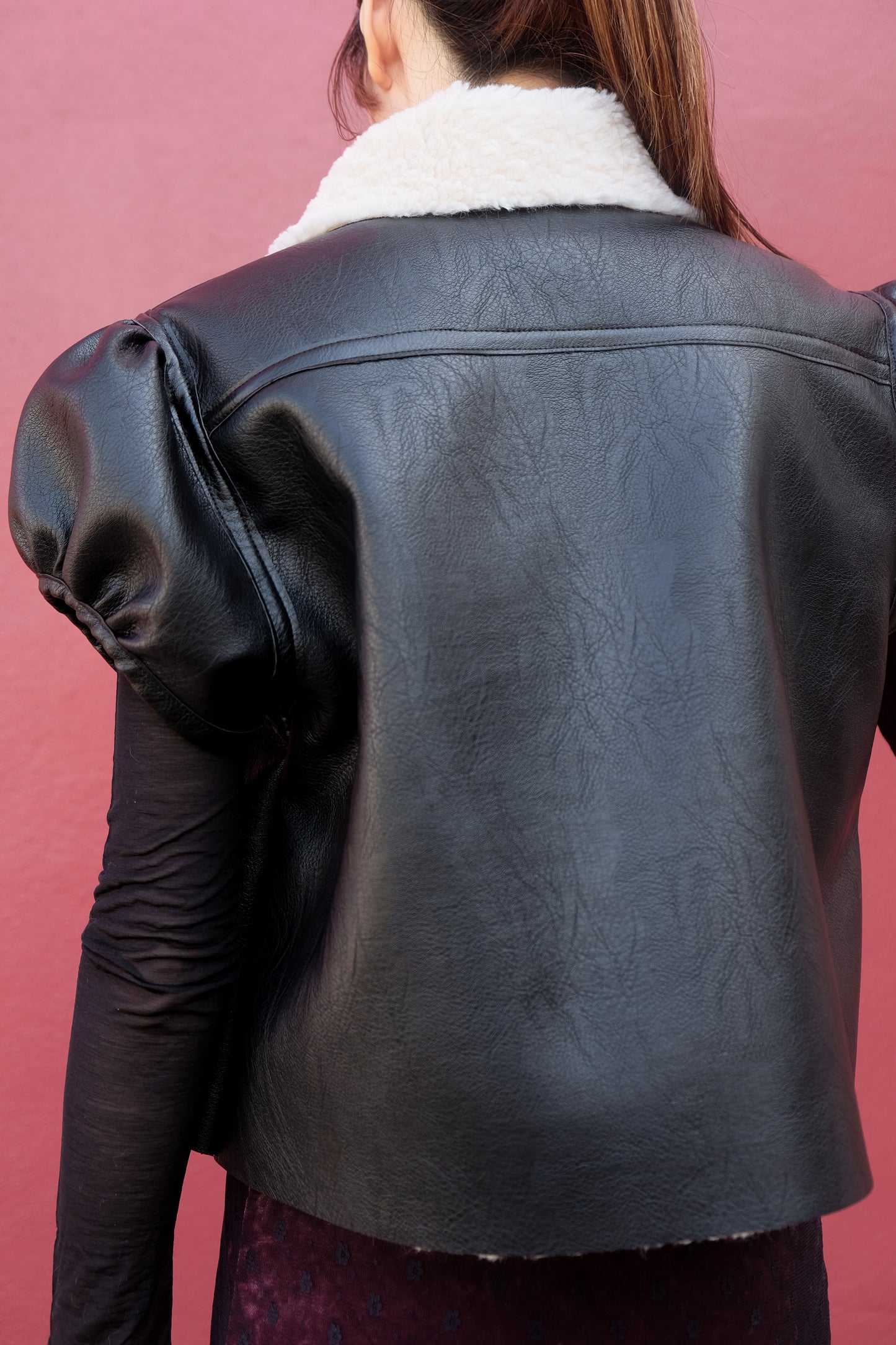 ✨推!"Lana" Puff Sleeve Faux Leather Jacket (Black)