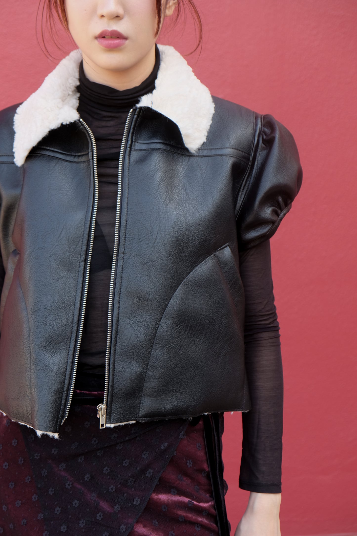 ✨推!"Lana" Puff Sleeve Faux Leather Jacket (Black)