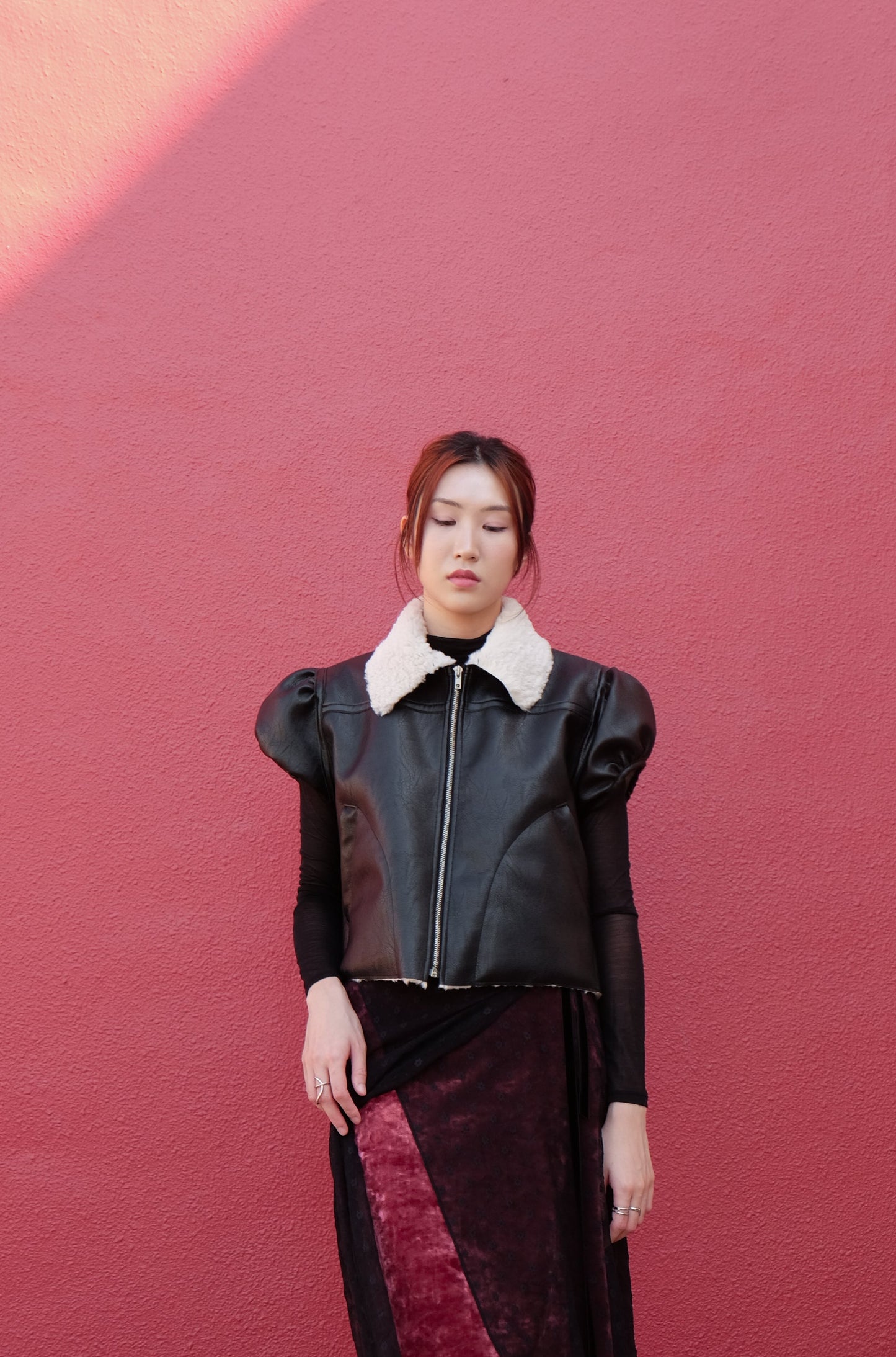 ✨推!"Lana" Puff Sleeve Faux Leather Jacket (Black)