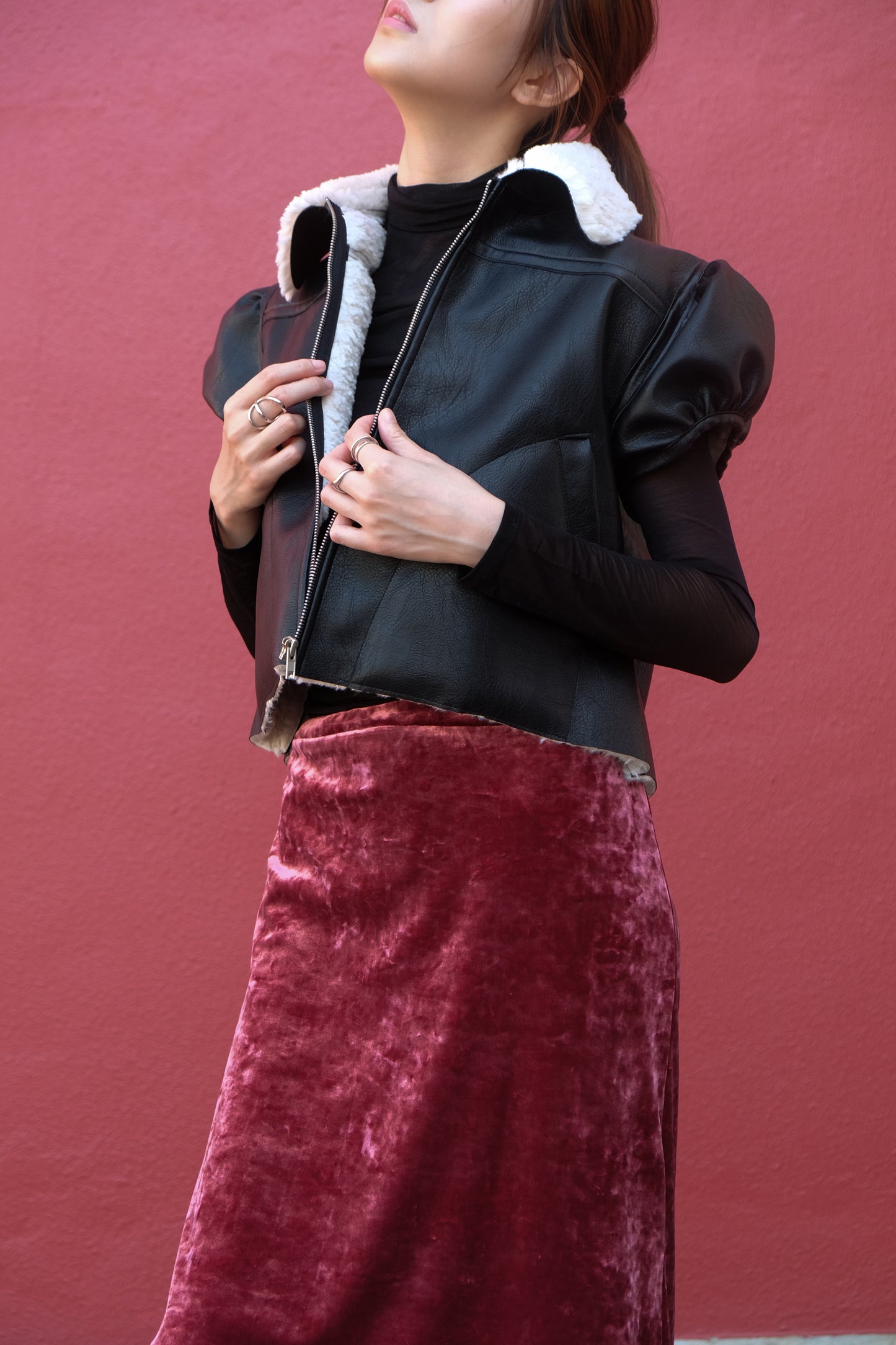 ✨推!"Lana" Puff Sleeve Faux Leather Jacket (Black)