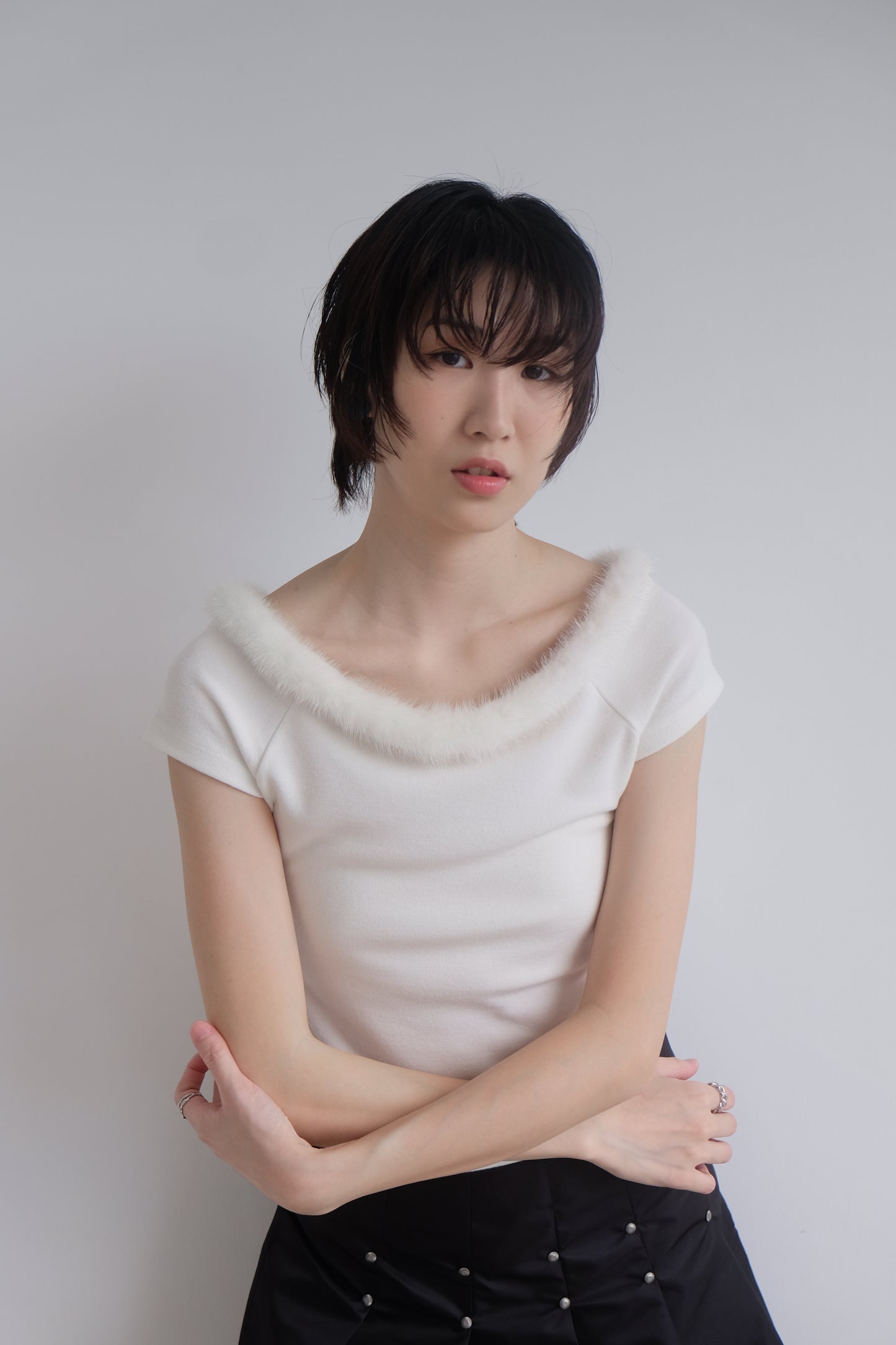 “La Belle" Furry Round Neck Tee (Ivory)