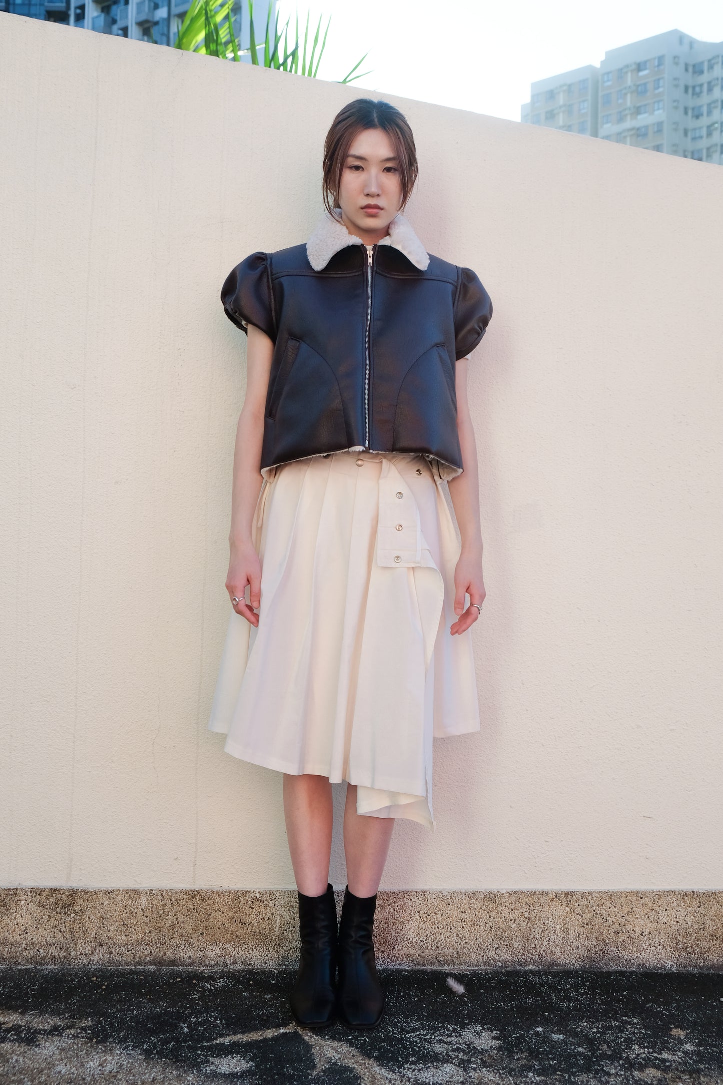 ✨推!"Lana" Puff Sleeve Faux Leather Jacket (Brown)