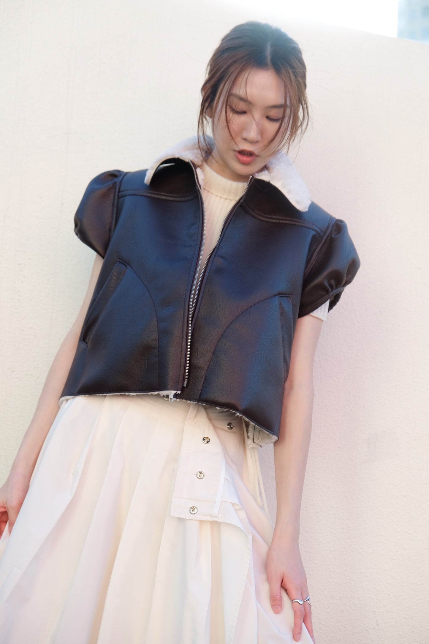 ✨推!"Lana" Puff Sleeve Faux Leather Jacket (Brown)
