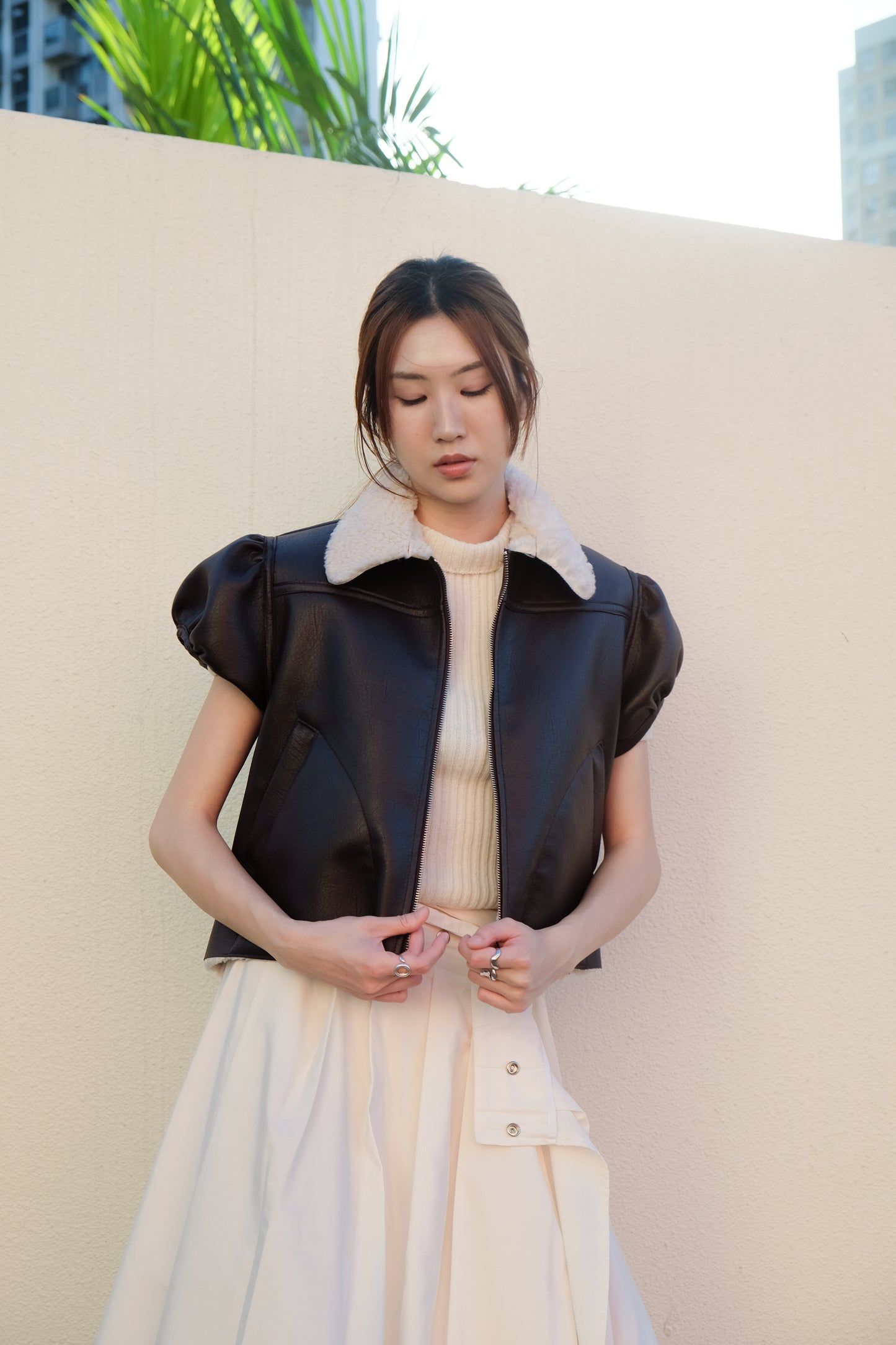 ✨推!"Lana" Puff Sleeve Faux Leather Jacket (Brown)