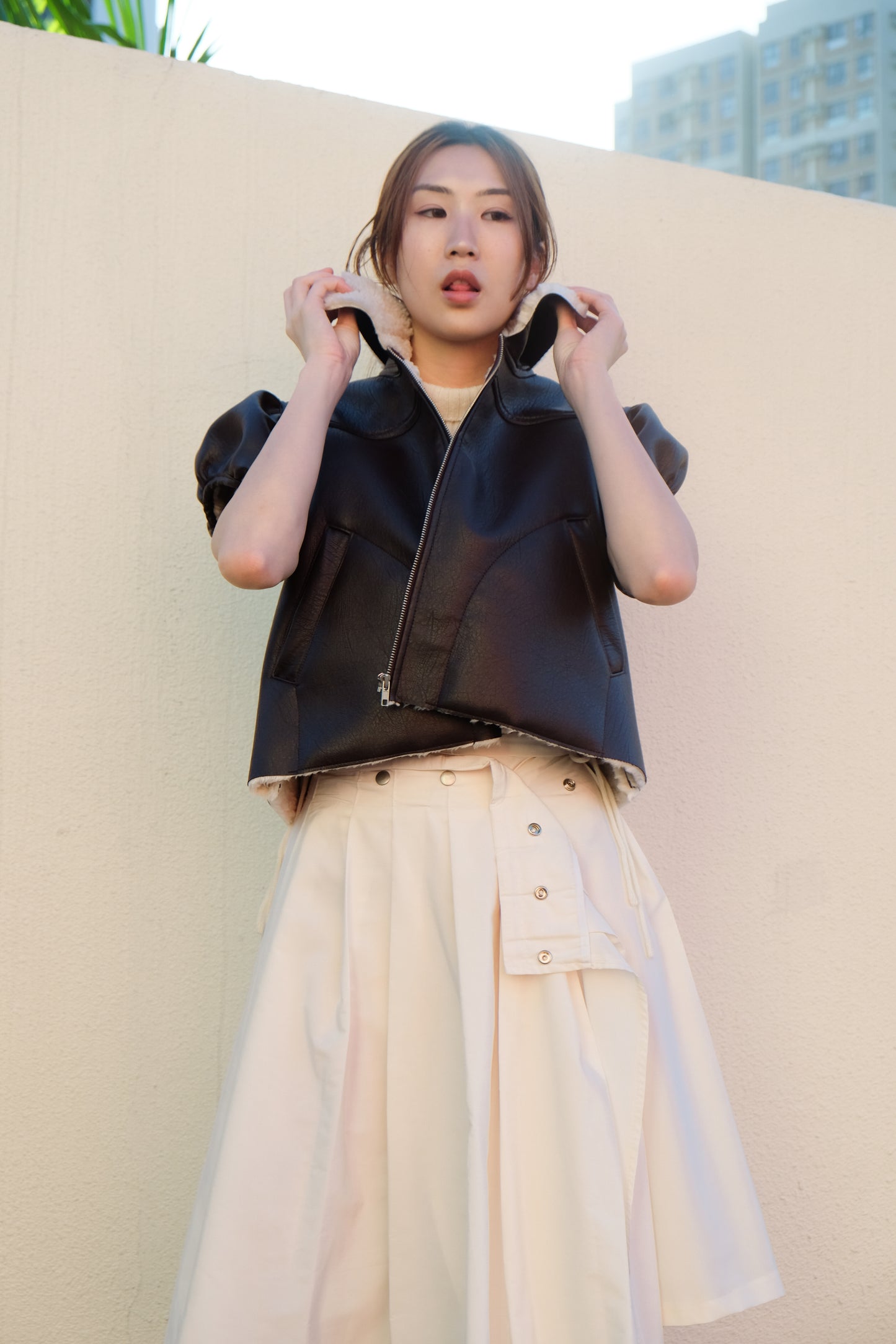 ✨推!"Lana" Puff Sleeve Faux Leather Jacket (Brown)