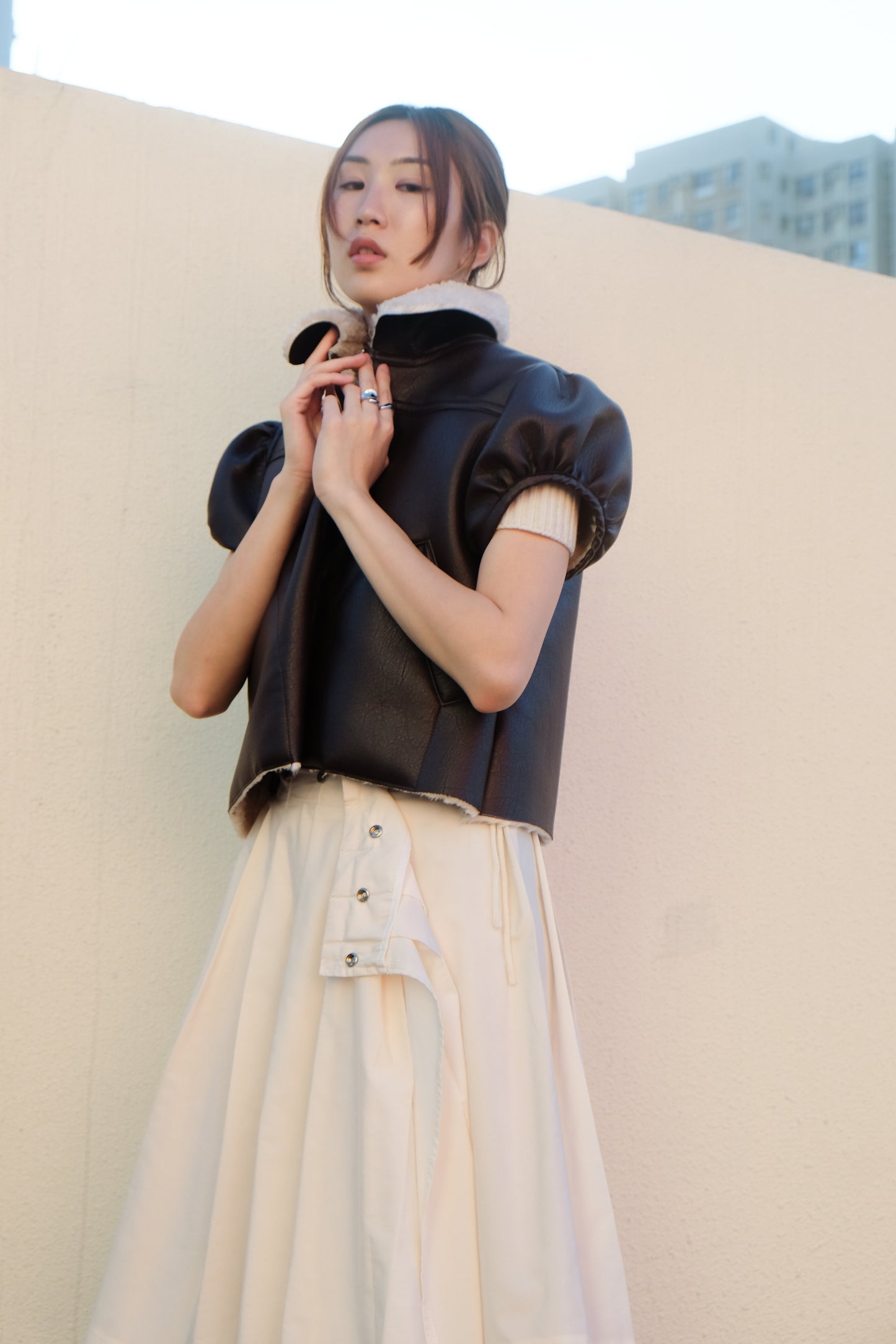 ✨推!"Lana" Puff Sleeve Faux Leather Jacket (Brown)