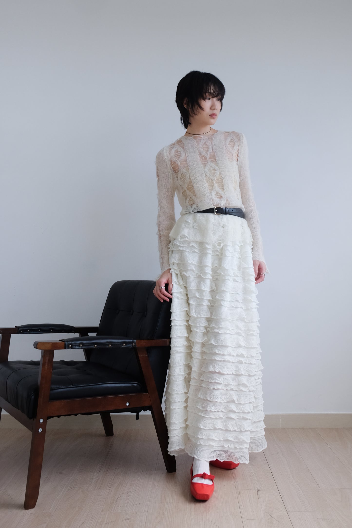 "Crepe Cake" Knit Ruffles Skirt (Ivory)