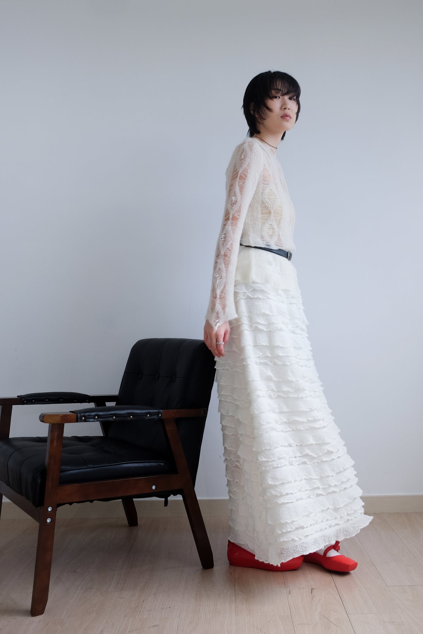 "Crepe Cake" Knit Ruffles Skirt (Ivory)