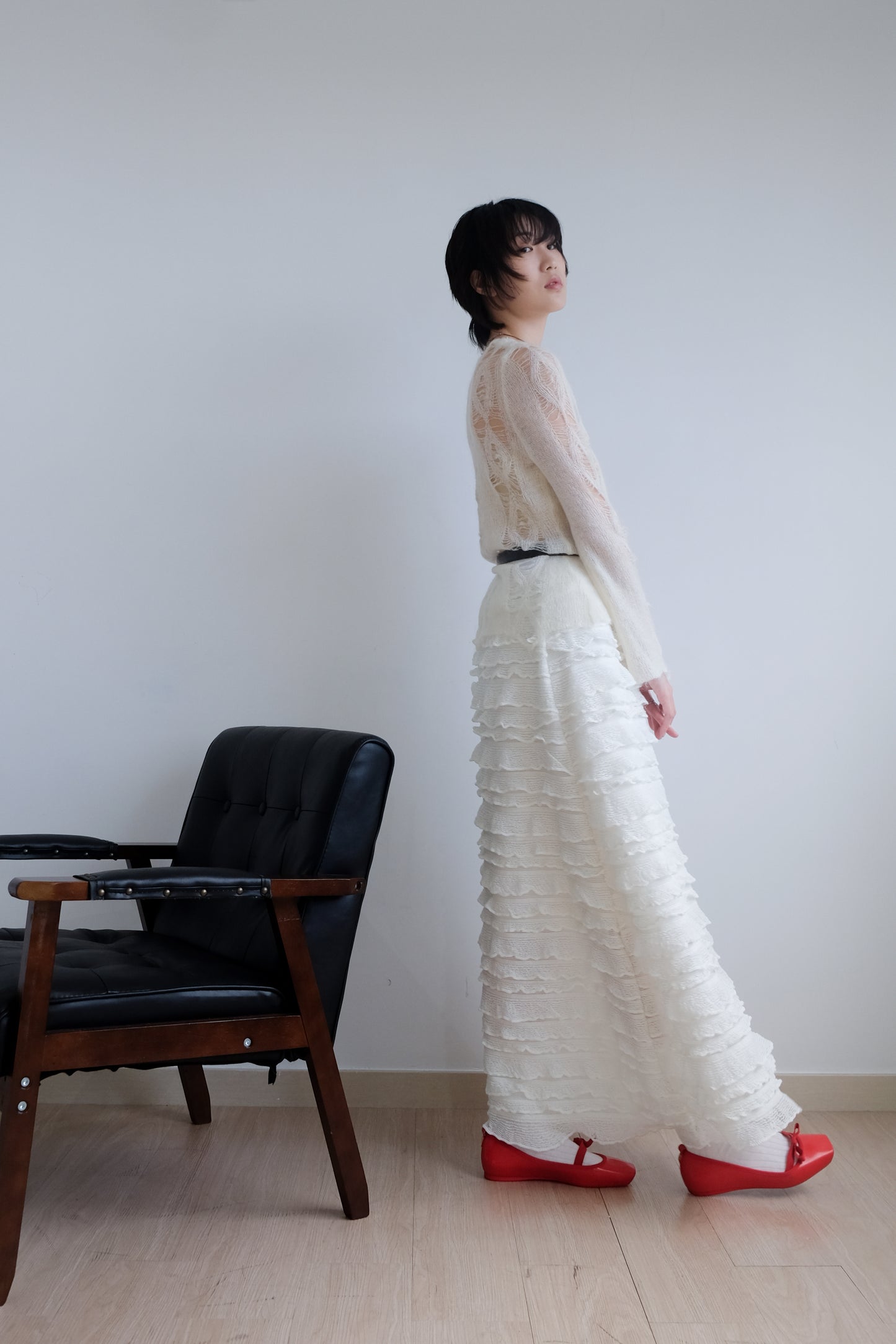 "Crepe Cake" Knit Ruffles Skirt (Ivory)
