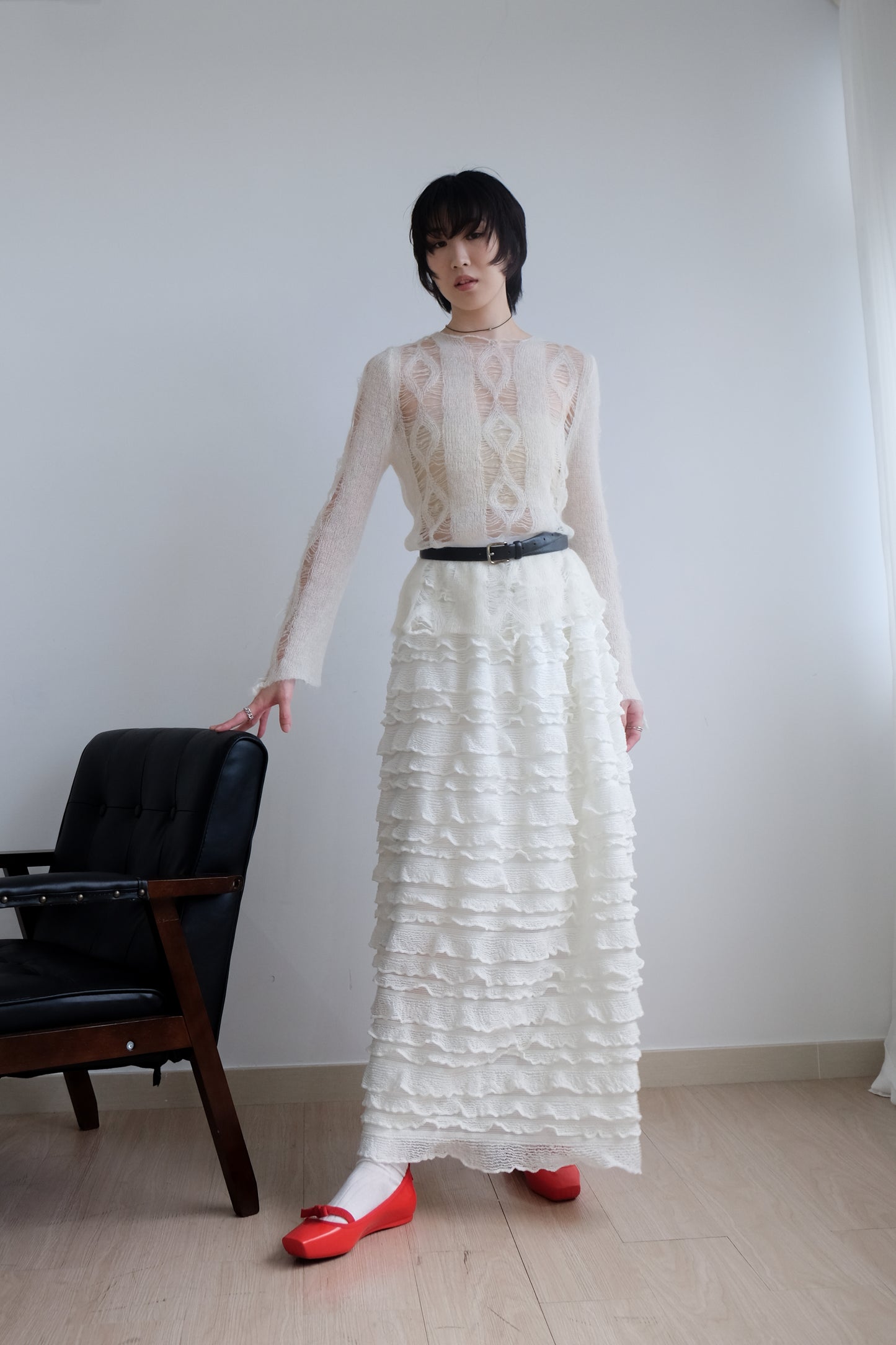 "Crepe Cake" Knit Ruffles Skirt (Ivory)