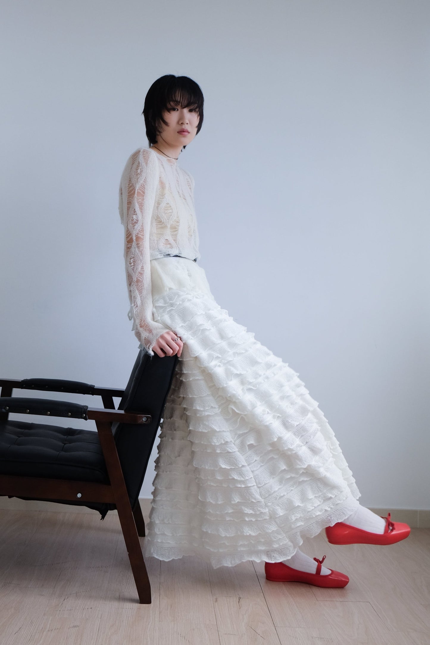 "Crepe Cake" Knit Ruffles Skirt (Ivory)