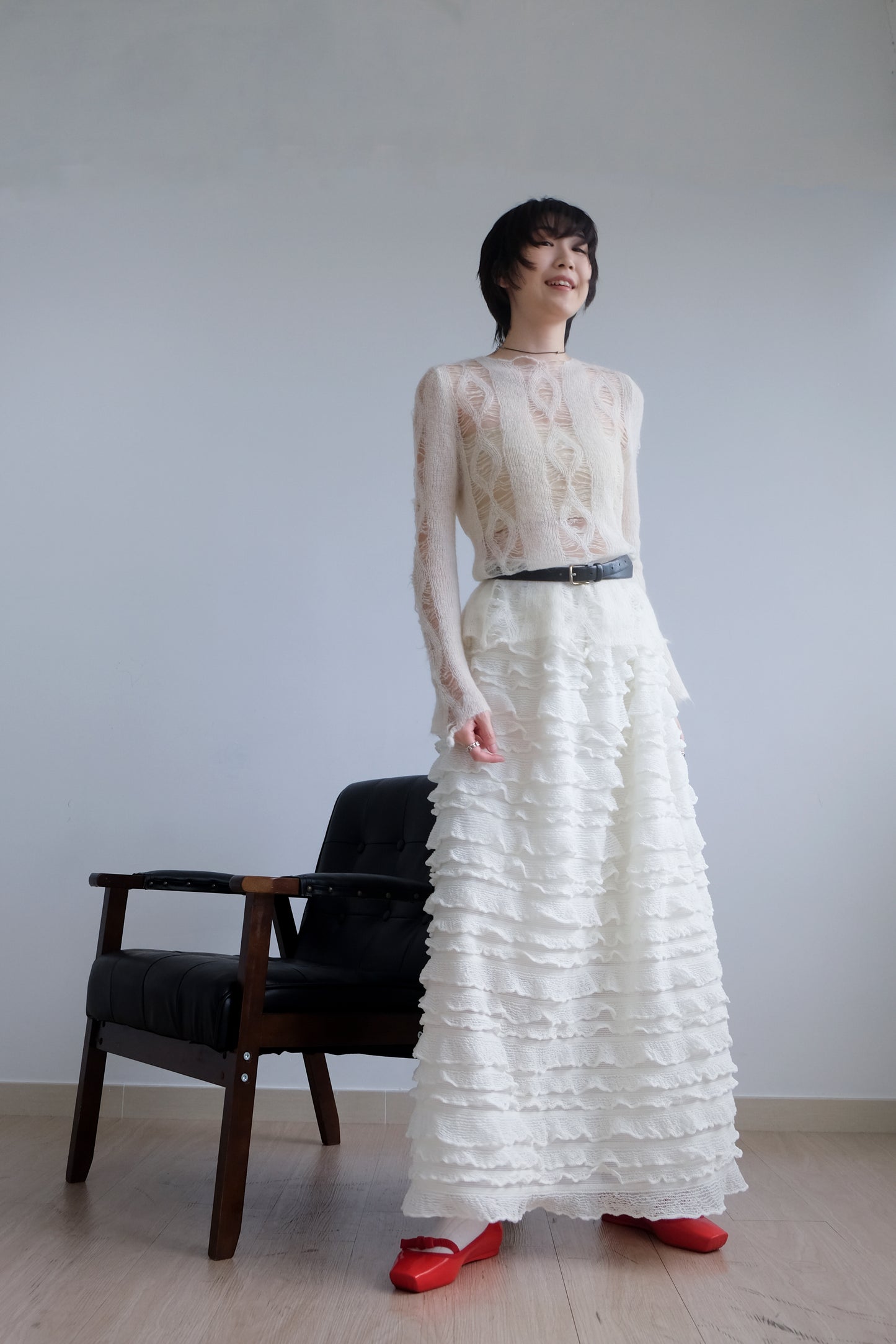 "Crepe Cake" Knit Ruffles Skirt (Ivory)