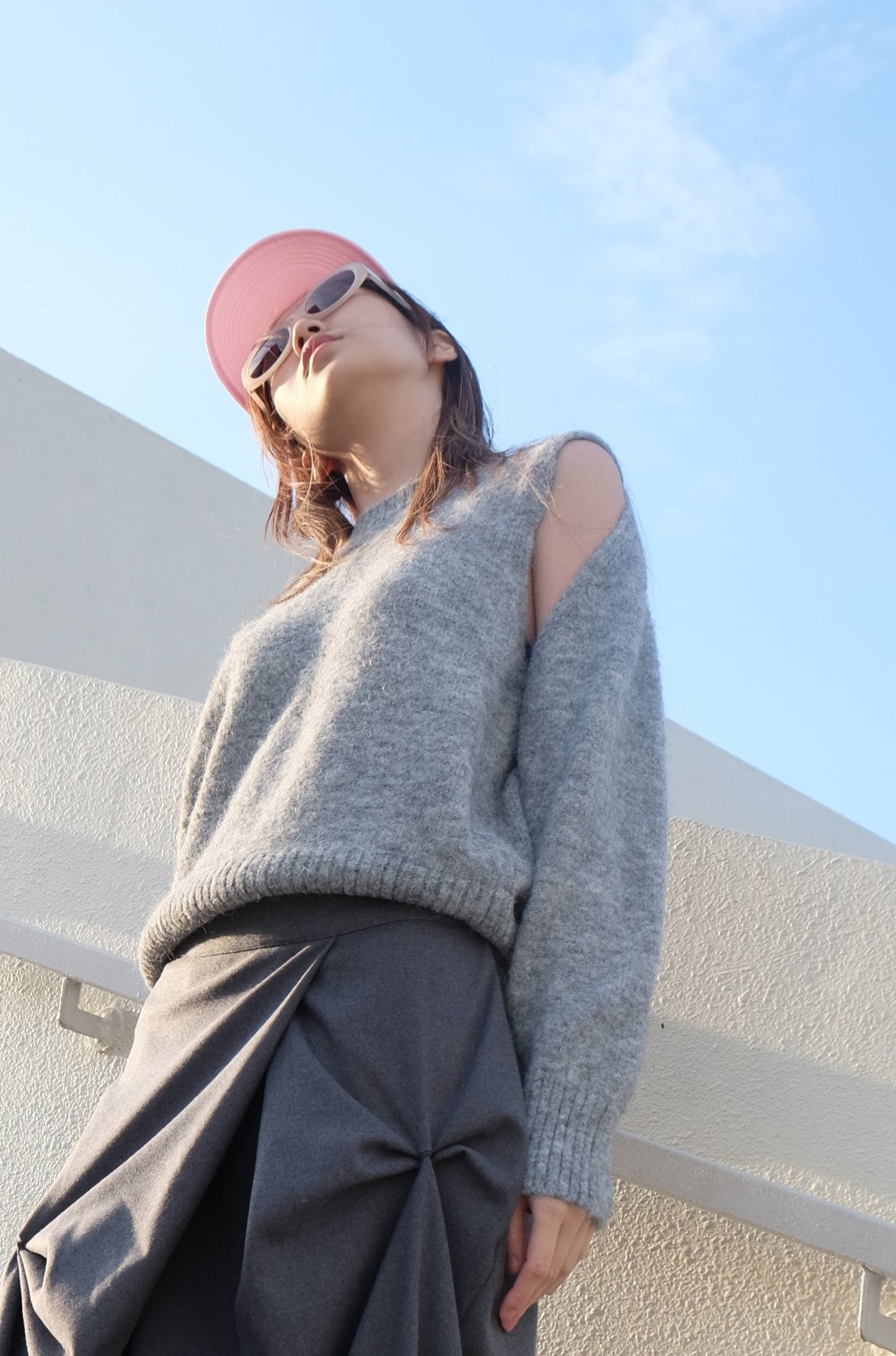 Cut-out Flexible Shoulder Sweater (Grey)