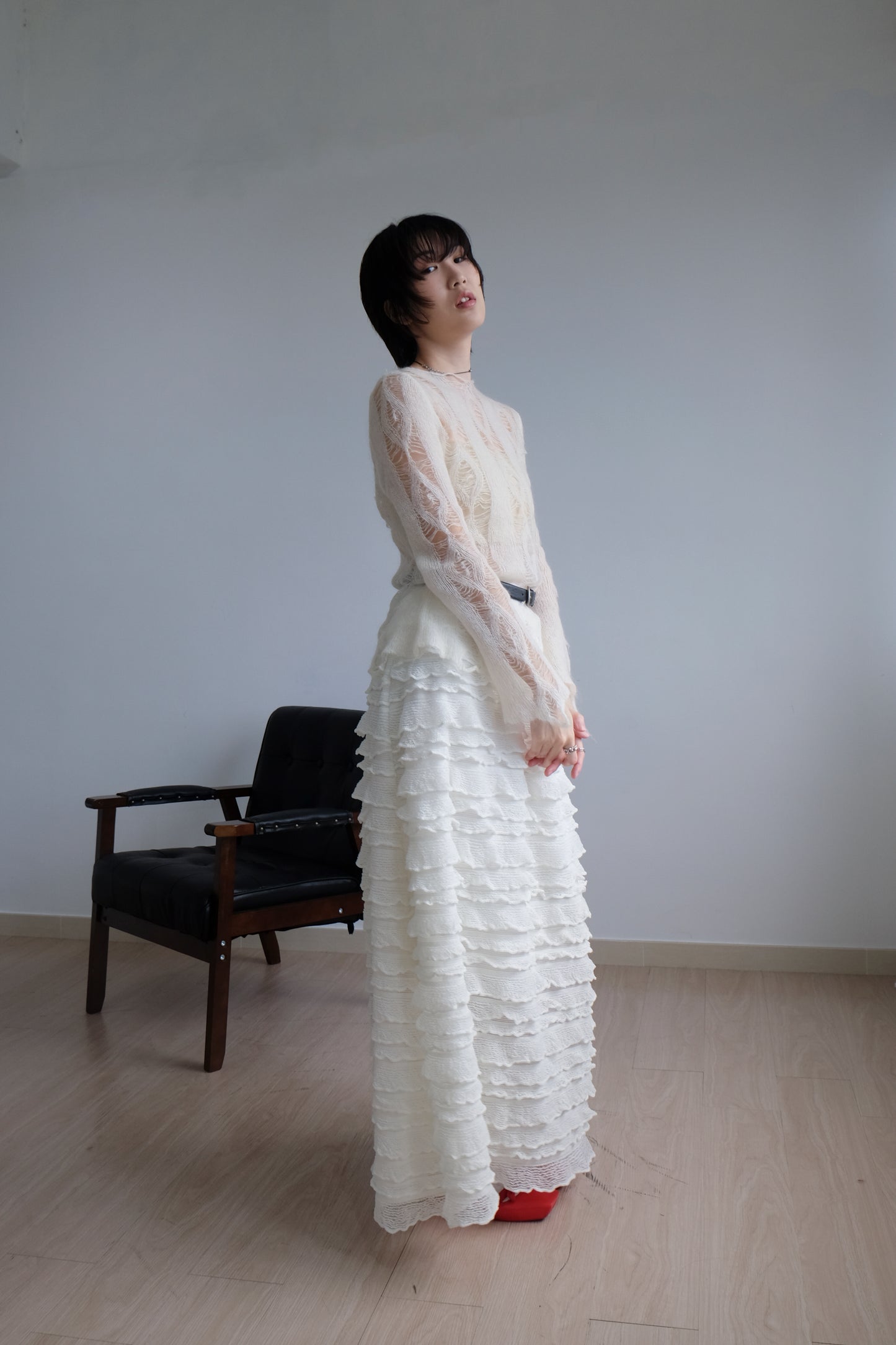 "Crepe Cake" Knit Ruffles Skirt (Ivory)
