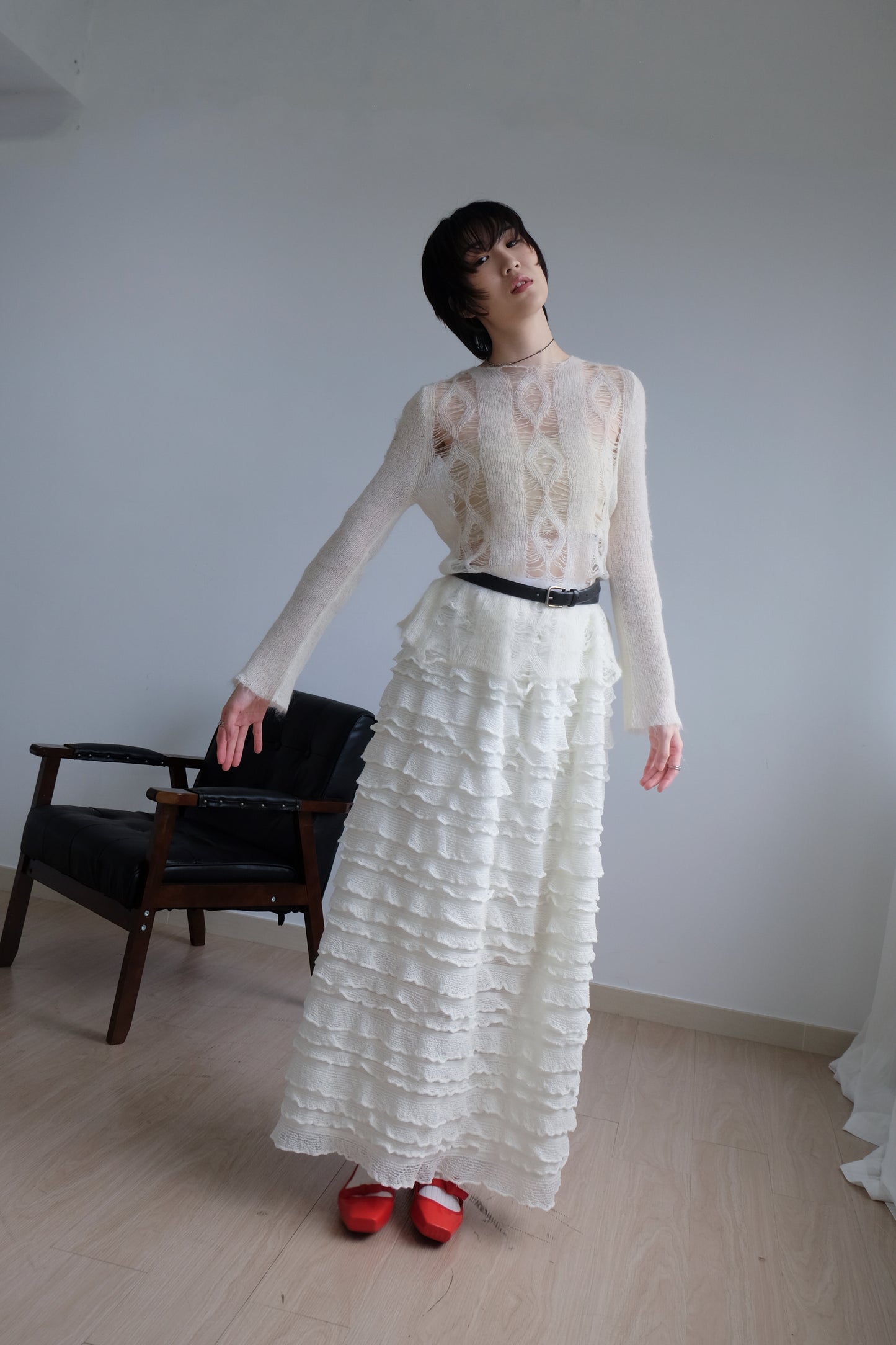 "Crepe Cake" Knit Ruffles Skirt (Ivory)
