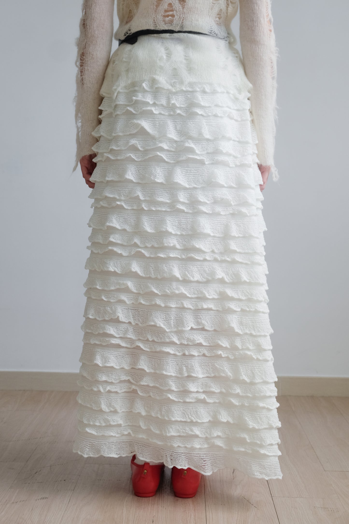 "Crepe Cake" Knit Ruffles Skirt (Ivory)