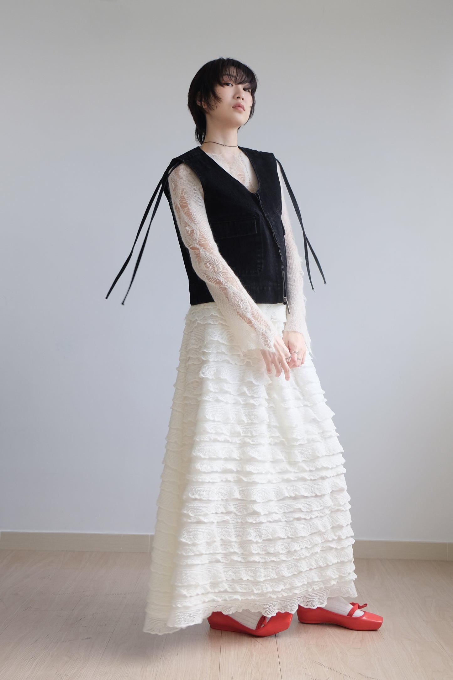"Crepe Cake" Knit Ruffles Skirt (Ivory)