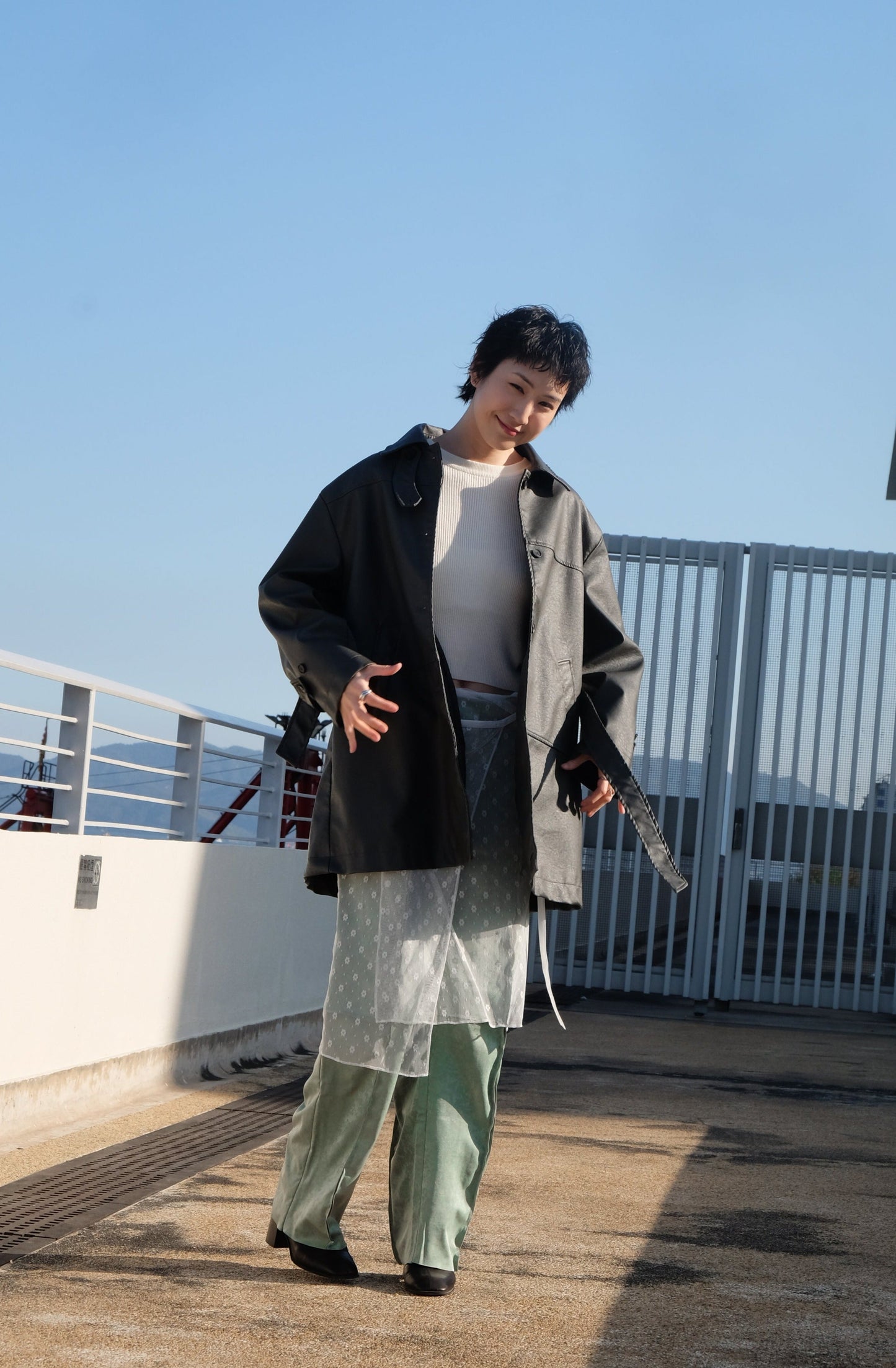 Faux Leather Trench Coat (Grey)