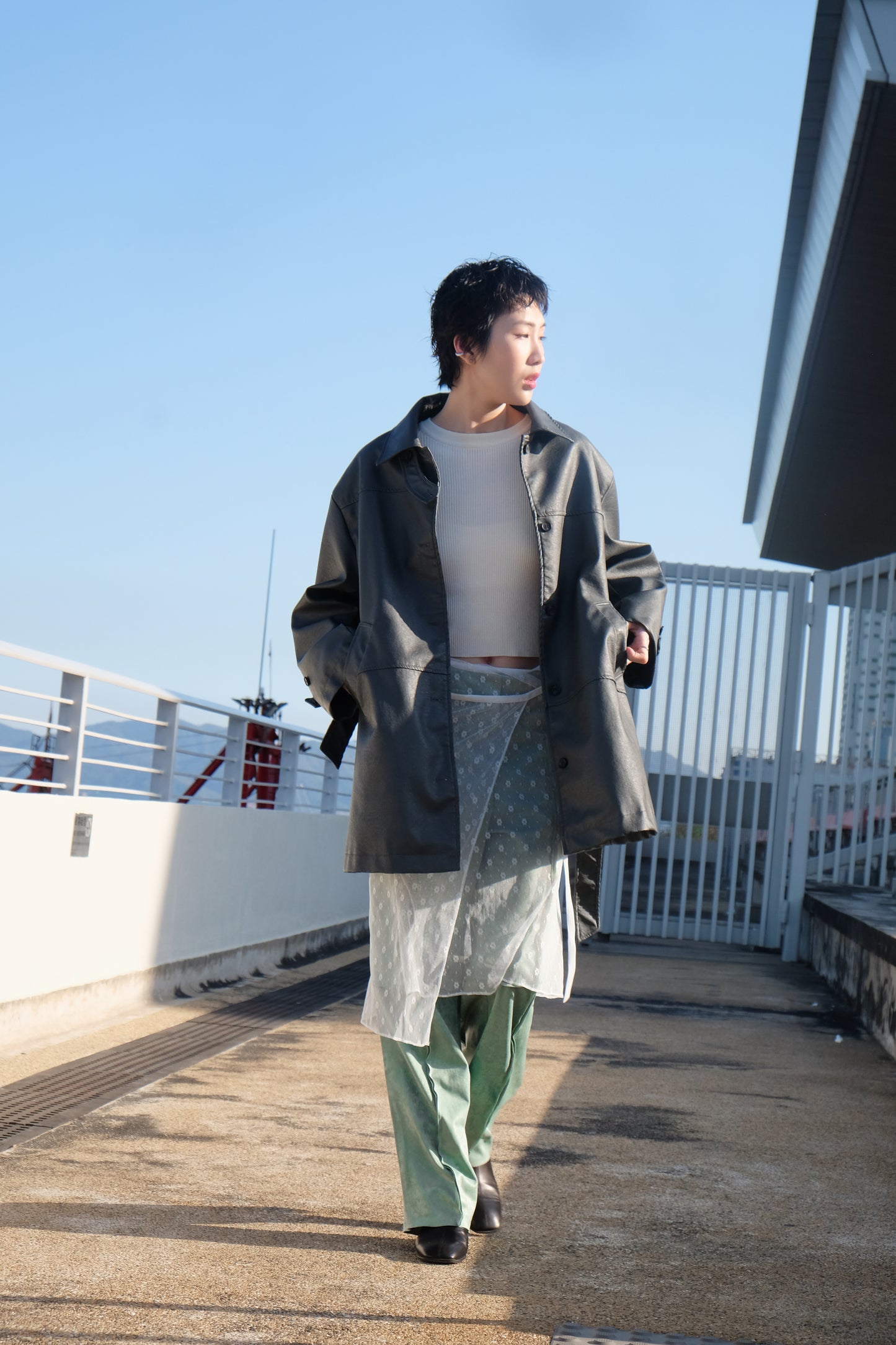 Faux Leather Trench Coat (Grey)