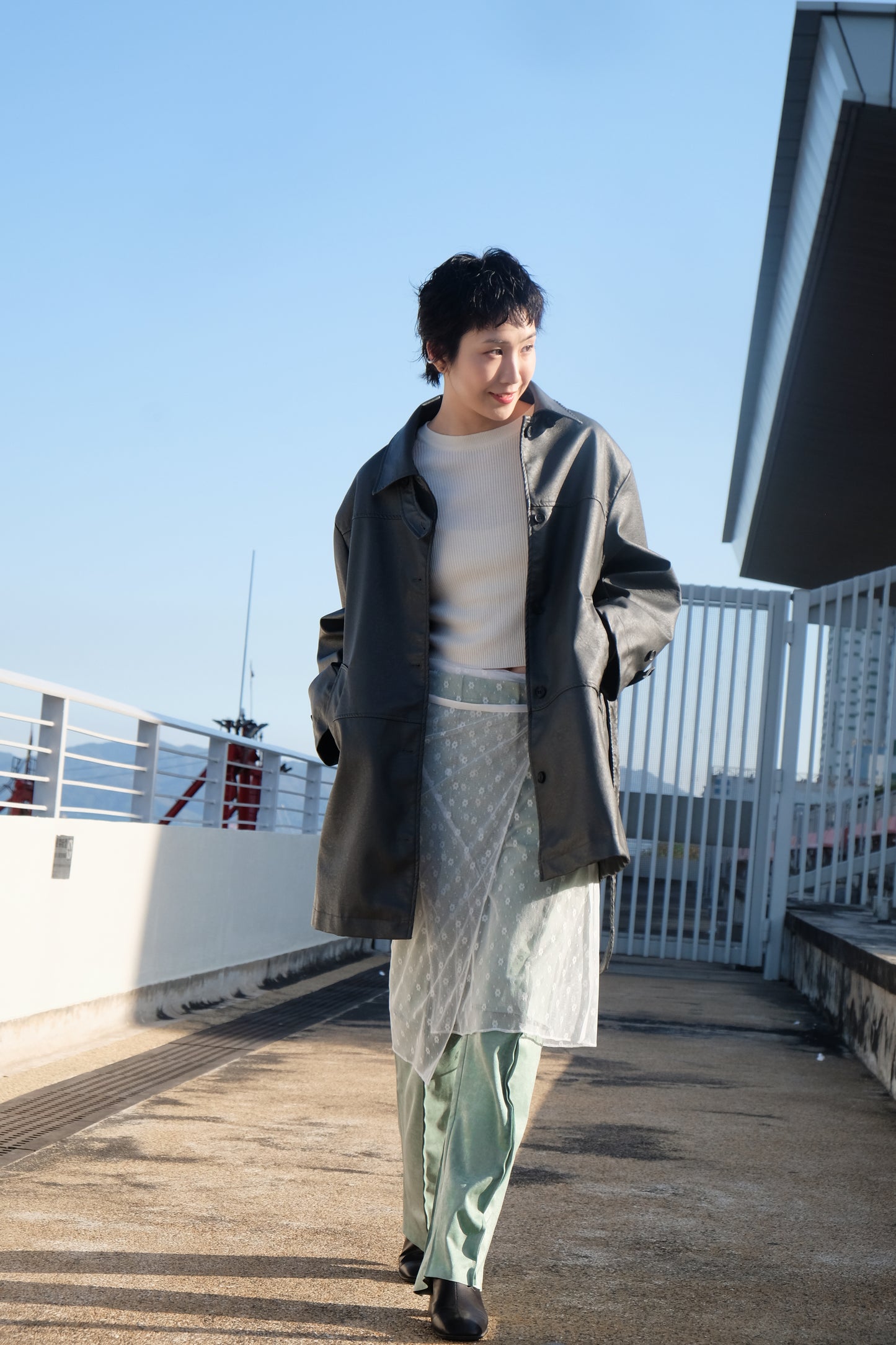 Faux Leather Trench Coat (Grey)