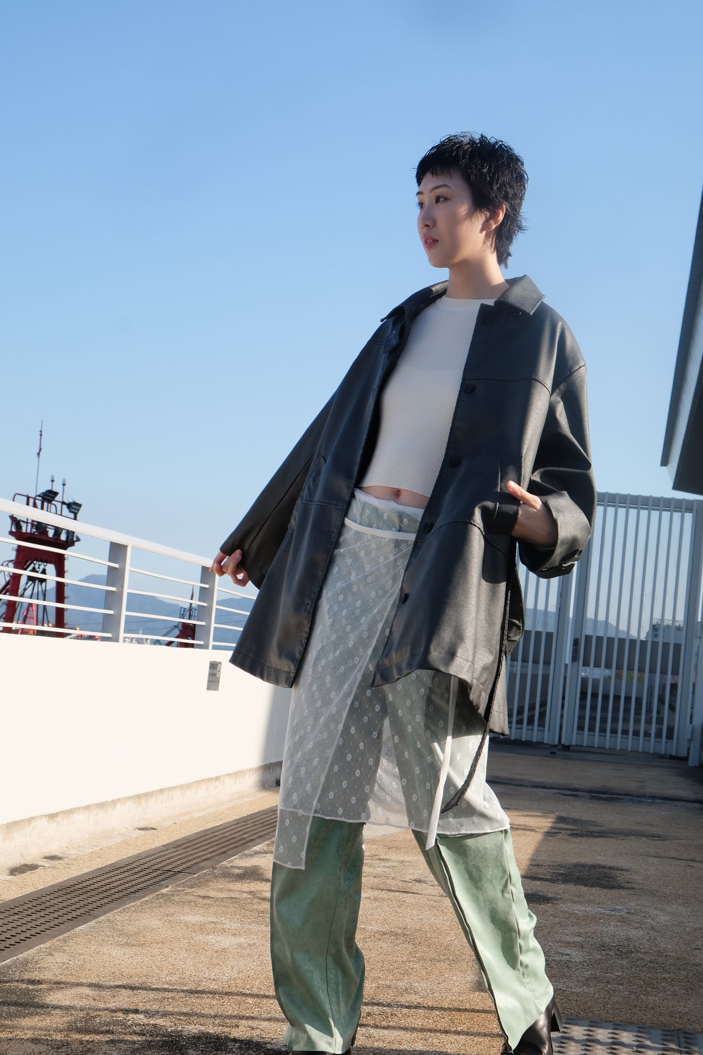Faux Leather Trench Coat (Grey)