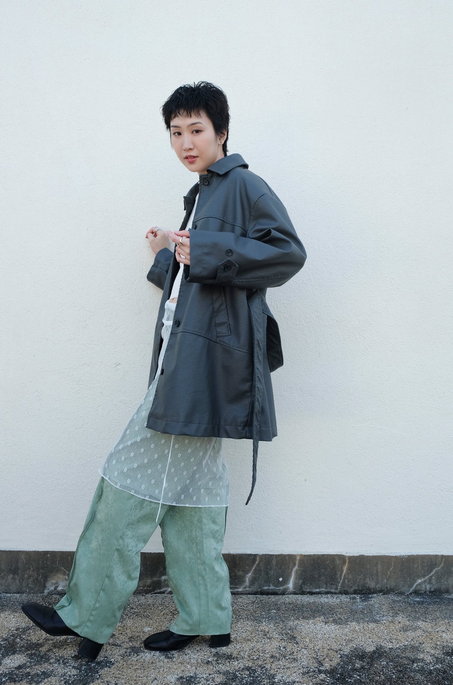 Faux Leather Trench Coat (Grey)