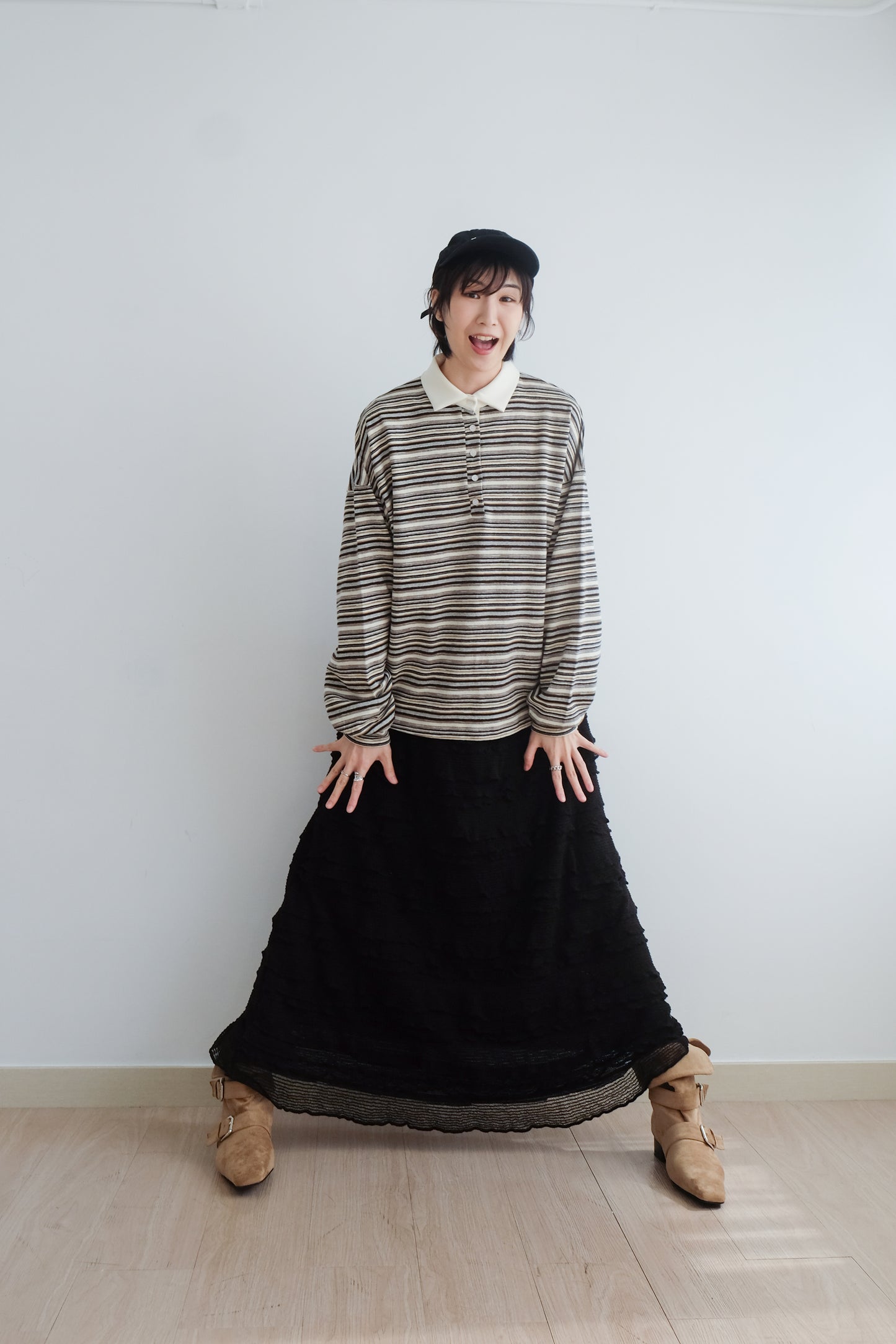 "Crepe Cake" Knit Ruffles Skirt (Black)