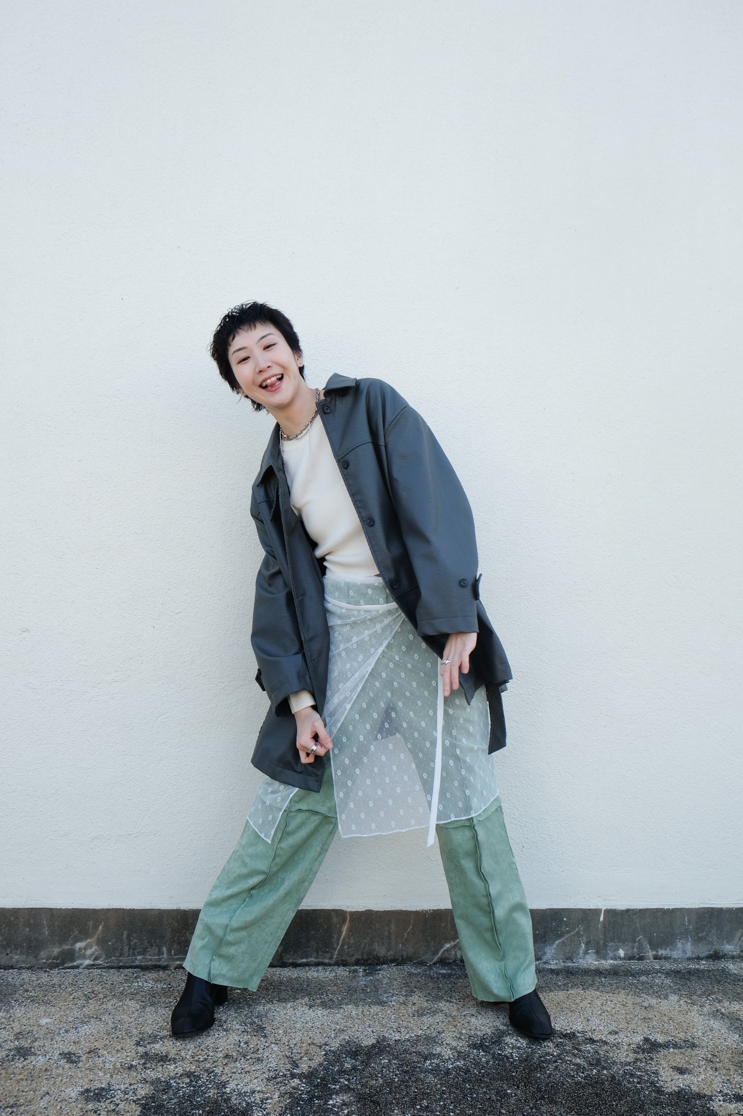 Faux Leather Trench Coat (Grey)