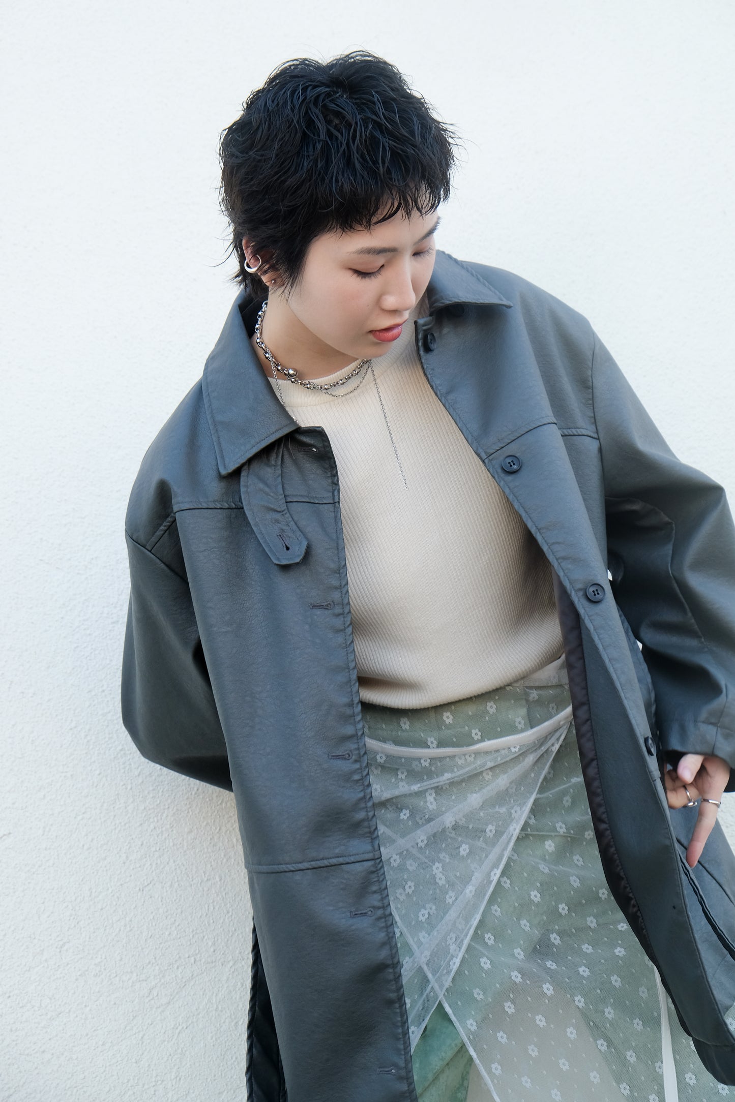 Faux Leather Trench Coat (Grey)