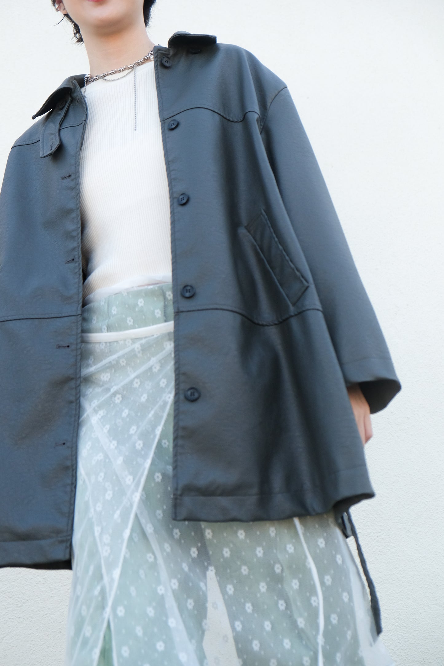 Faux Leather Trench Coat (Grey)