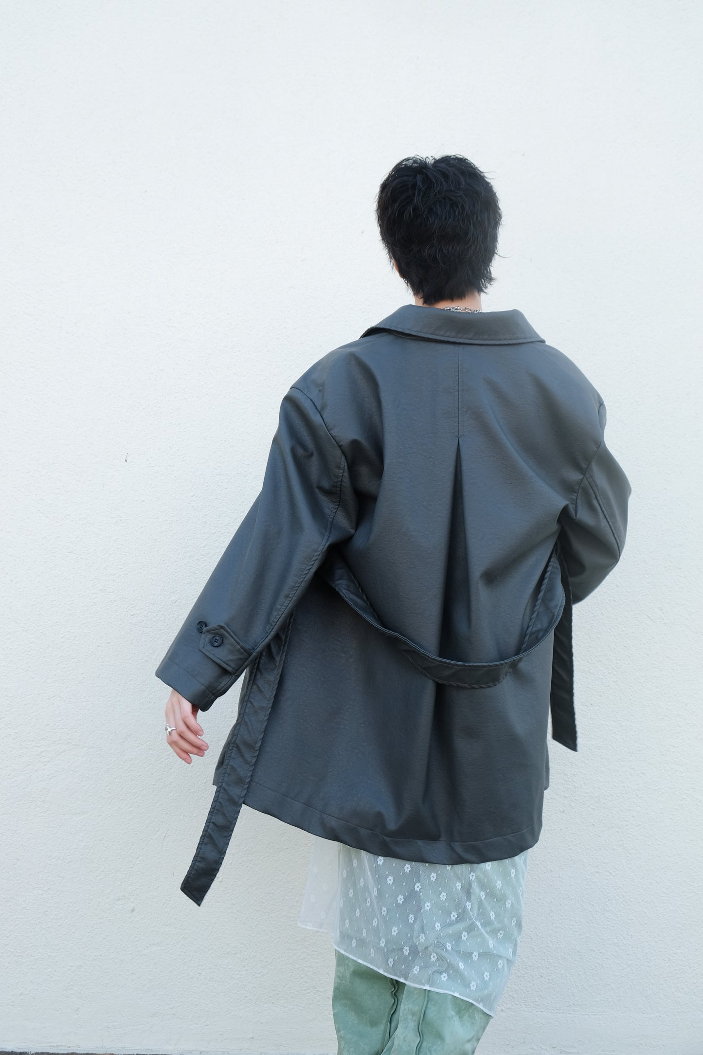 Faux Leather Trench Coat (Grey)
