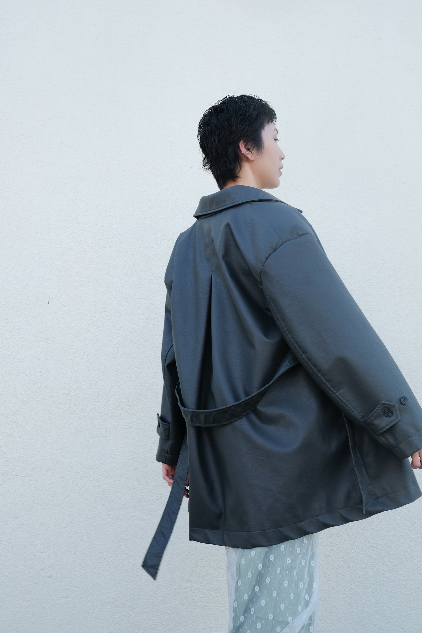 Faux Leather Trench Coat (Grey)