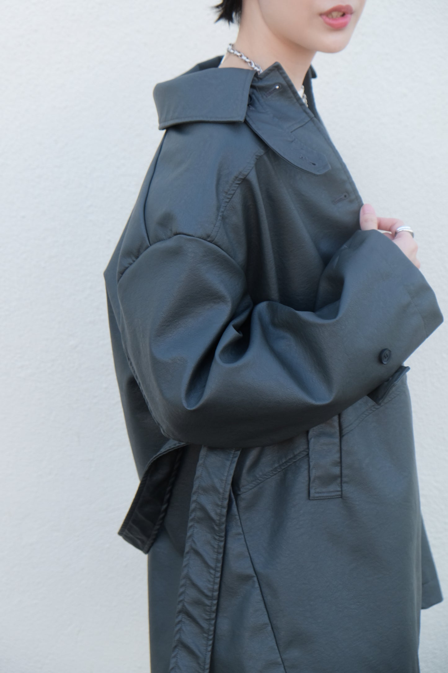 Faux Leather Trench Coat (Grey)