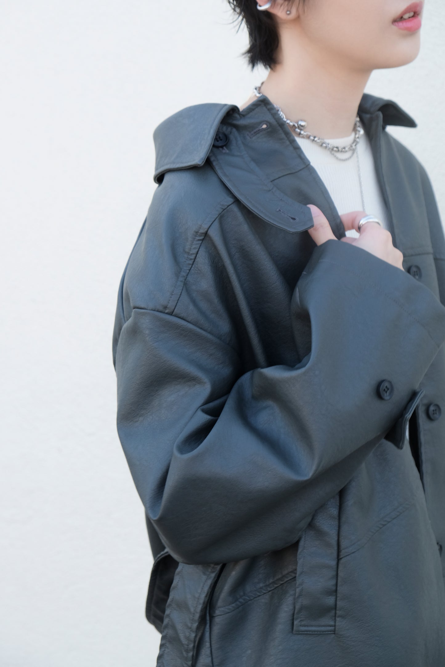 Faux Leather Trench Coat (Grey)