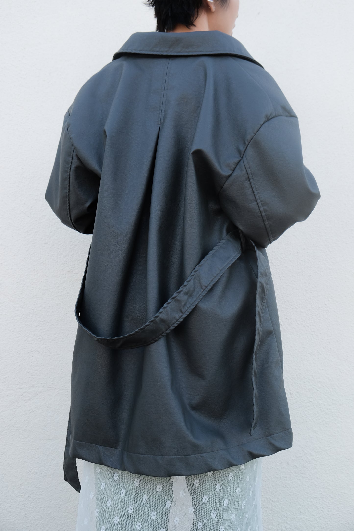 Faux Leather Trench Coat (Grey)
