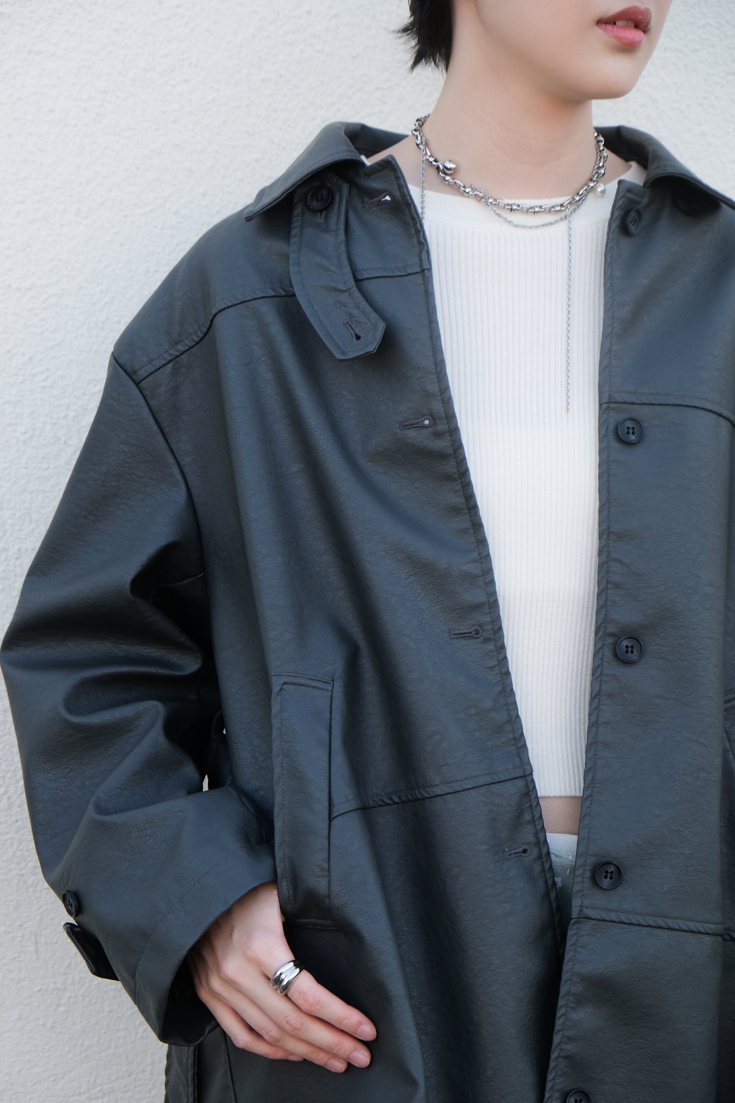Faux Leather Trench Coat (Grey)