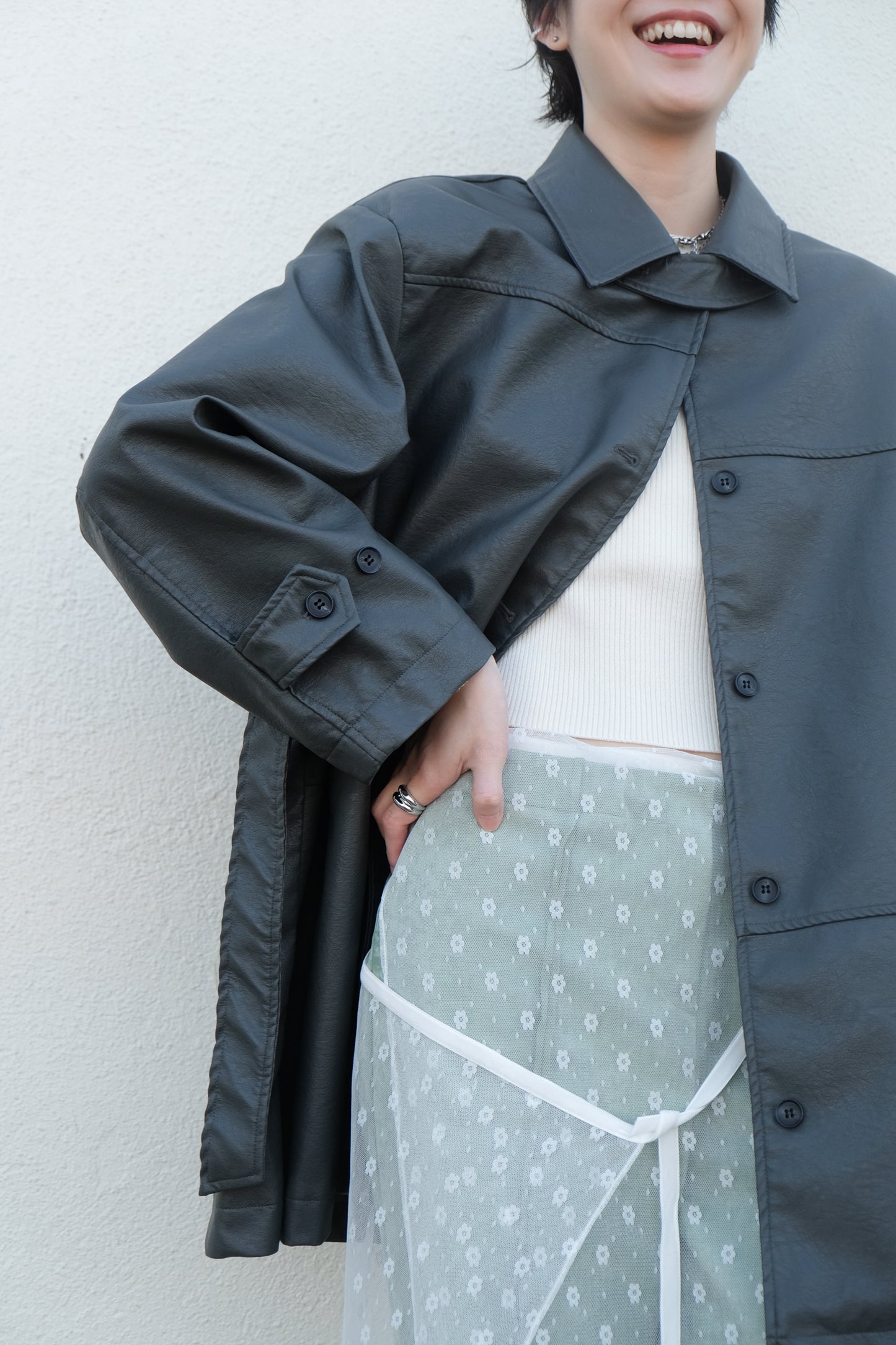 Faux Leather Trench Coat (Grey)