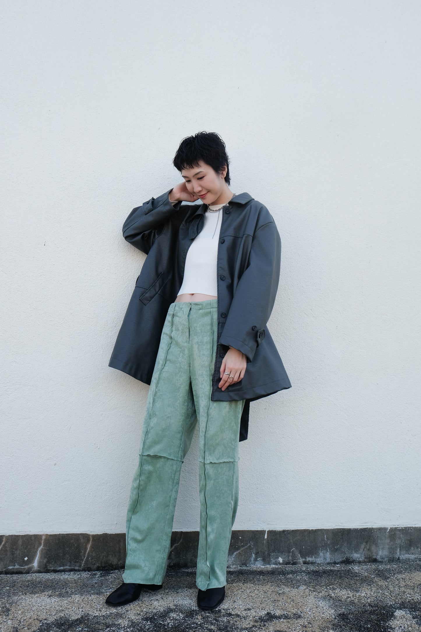 Faux Leather Trench Coat (Grey)